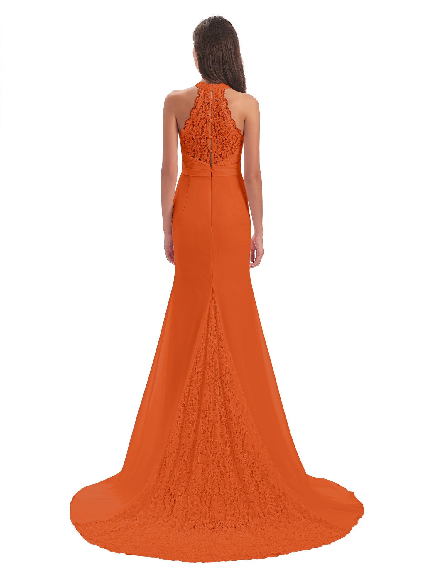Jenny Court Train Halter Lace Bridesmaid Dresses