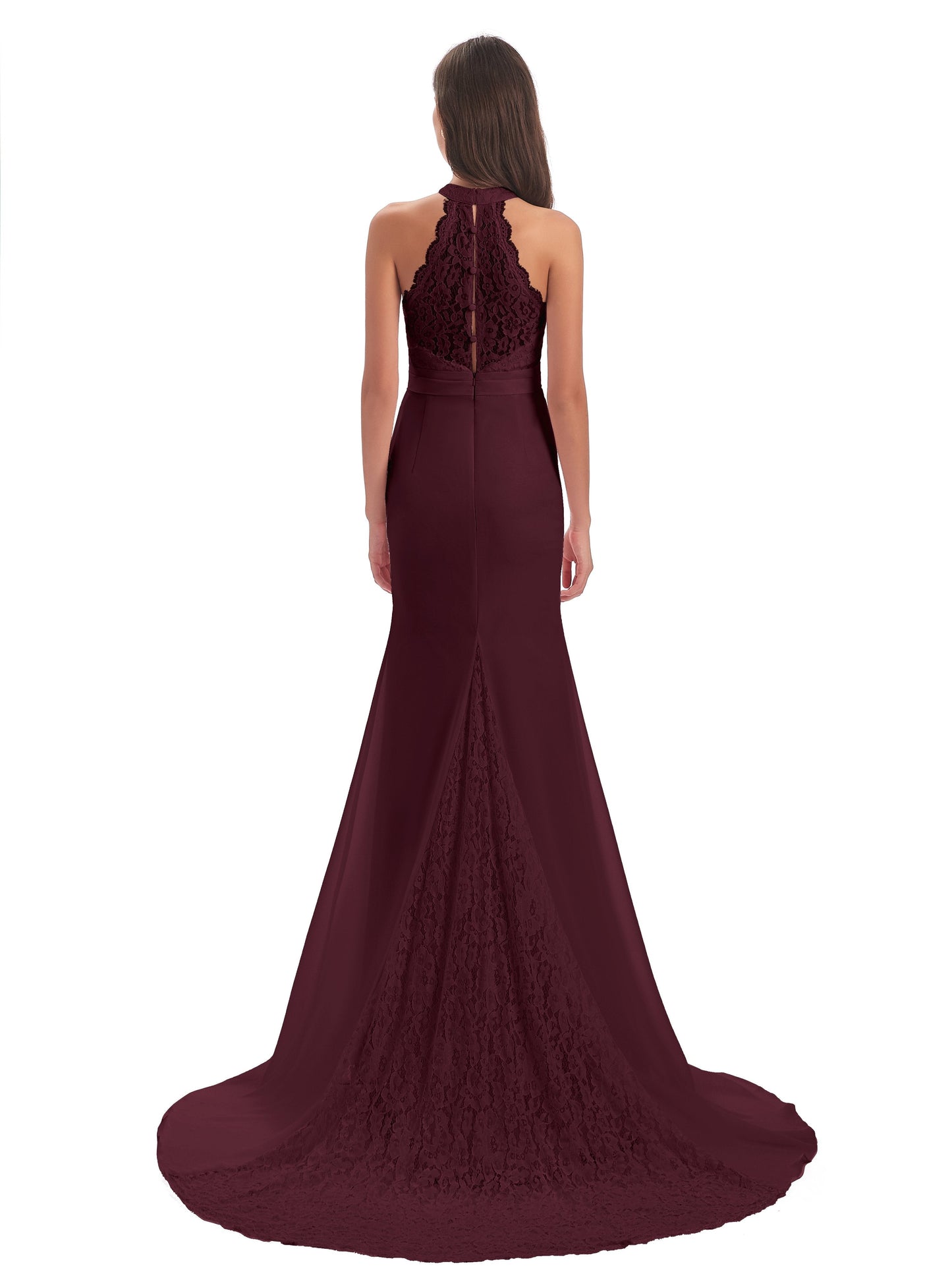 Jenny Court Train Halter Lace Bridesmaid Dresses