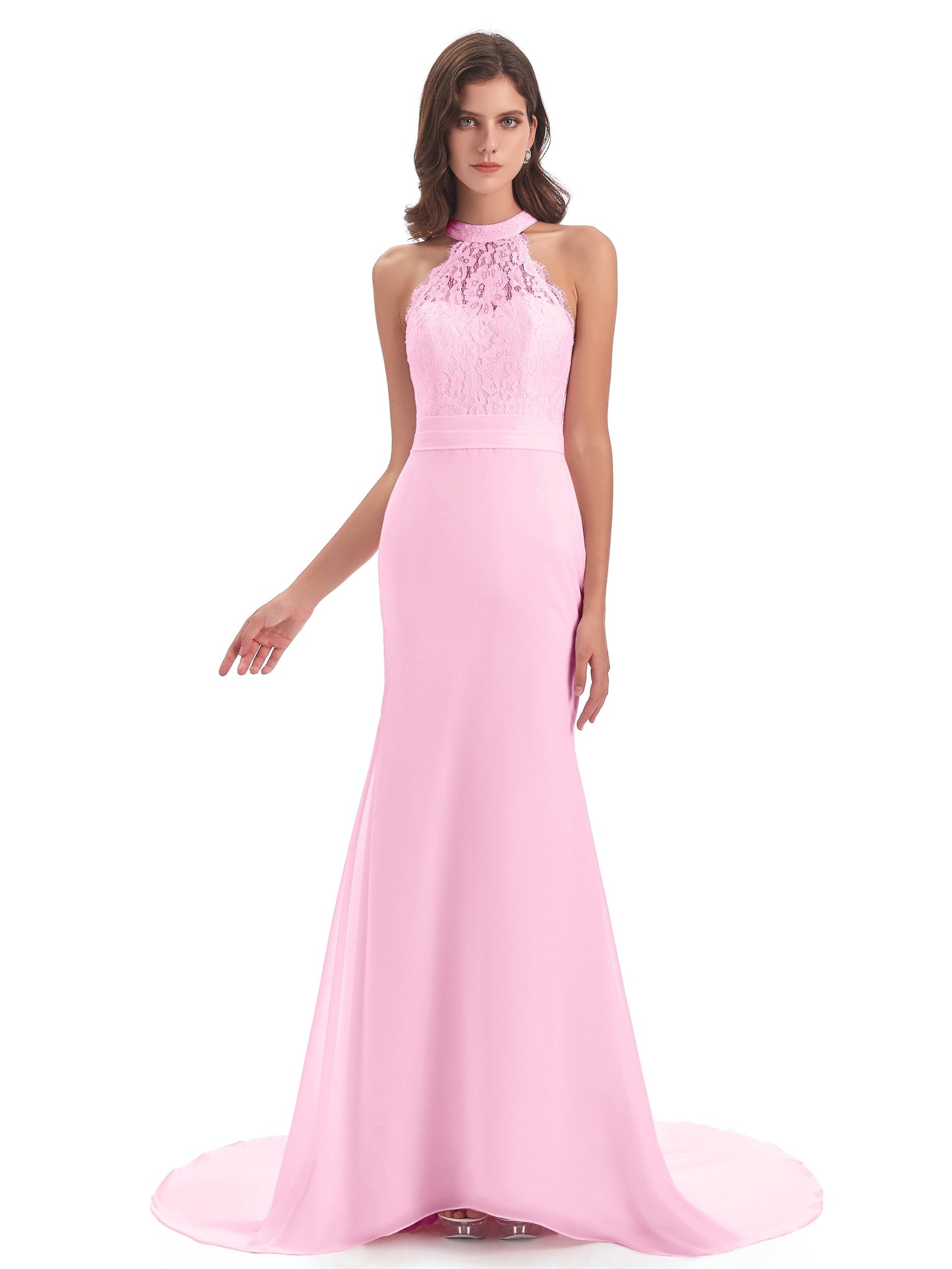Jenny Court Train Halter Lace Bridesmaid Dresses