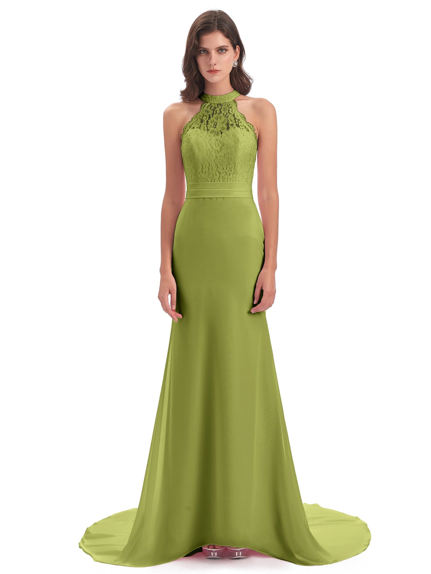 Jenny Court Train Halter Lace Bridesmaid Dresses