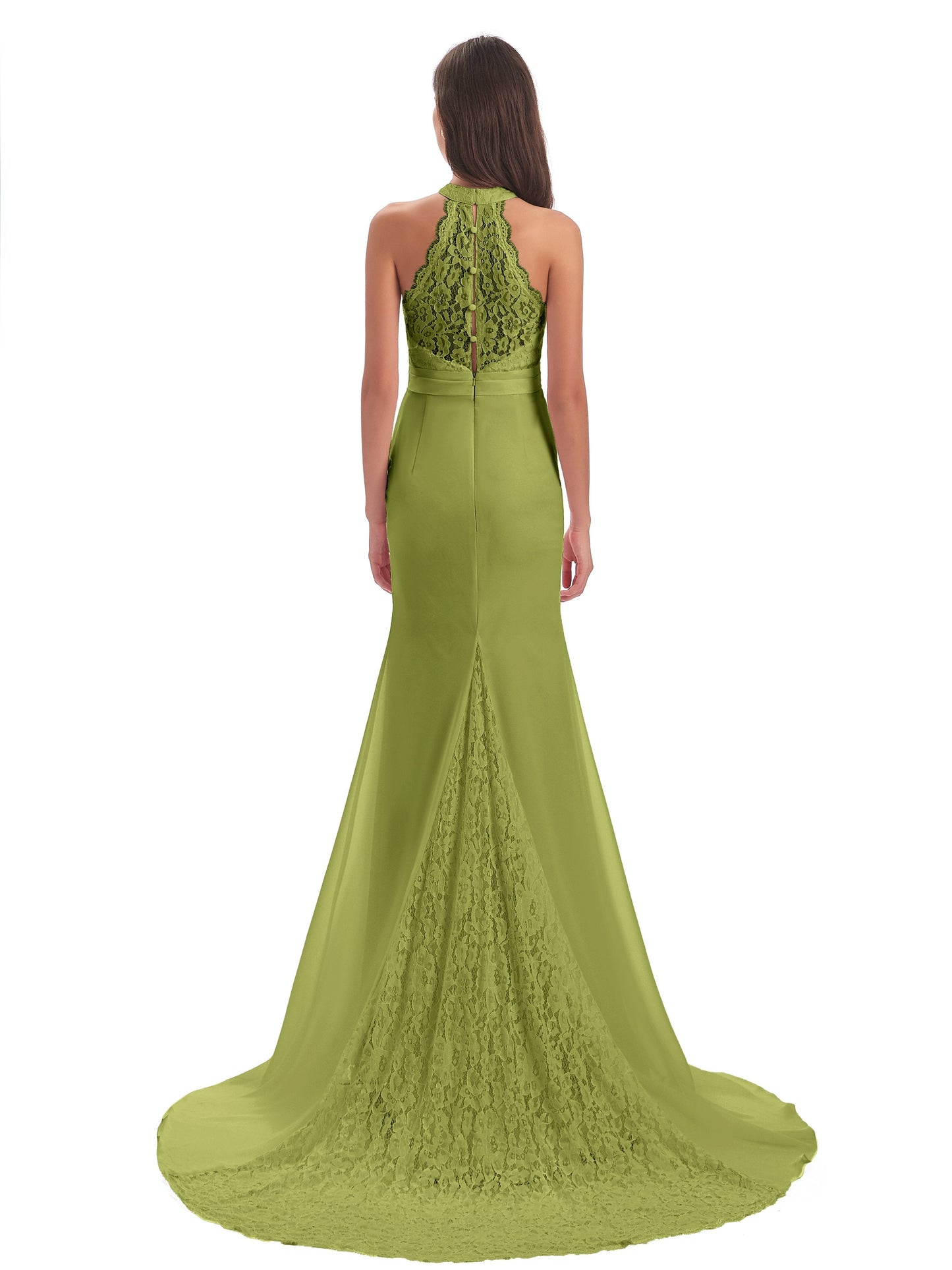 Jenny Court Train Halter Lace Bridesmaid Dresses