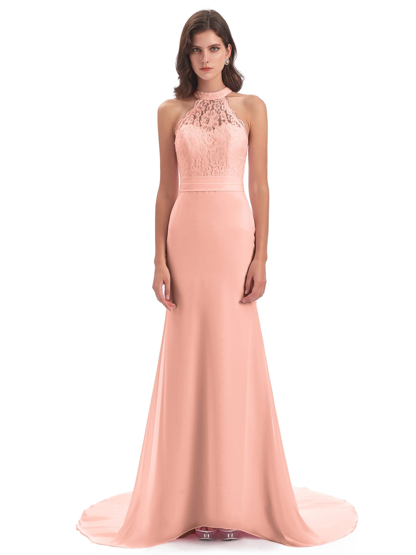 Jenny Court Train Halter Lace Bridesmaid Dresses