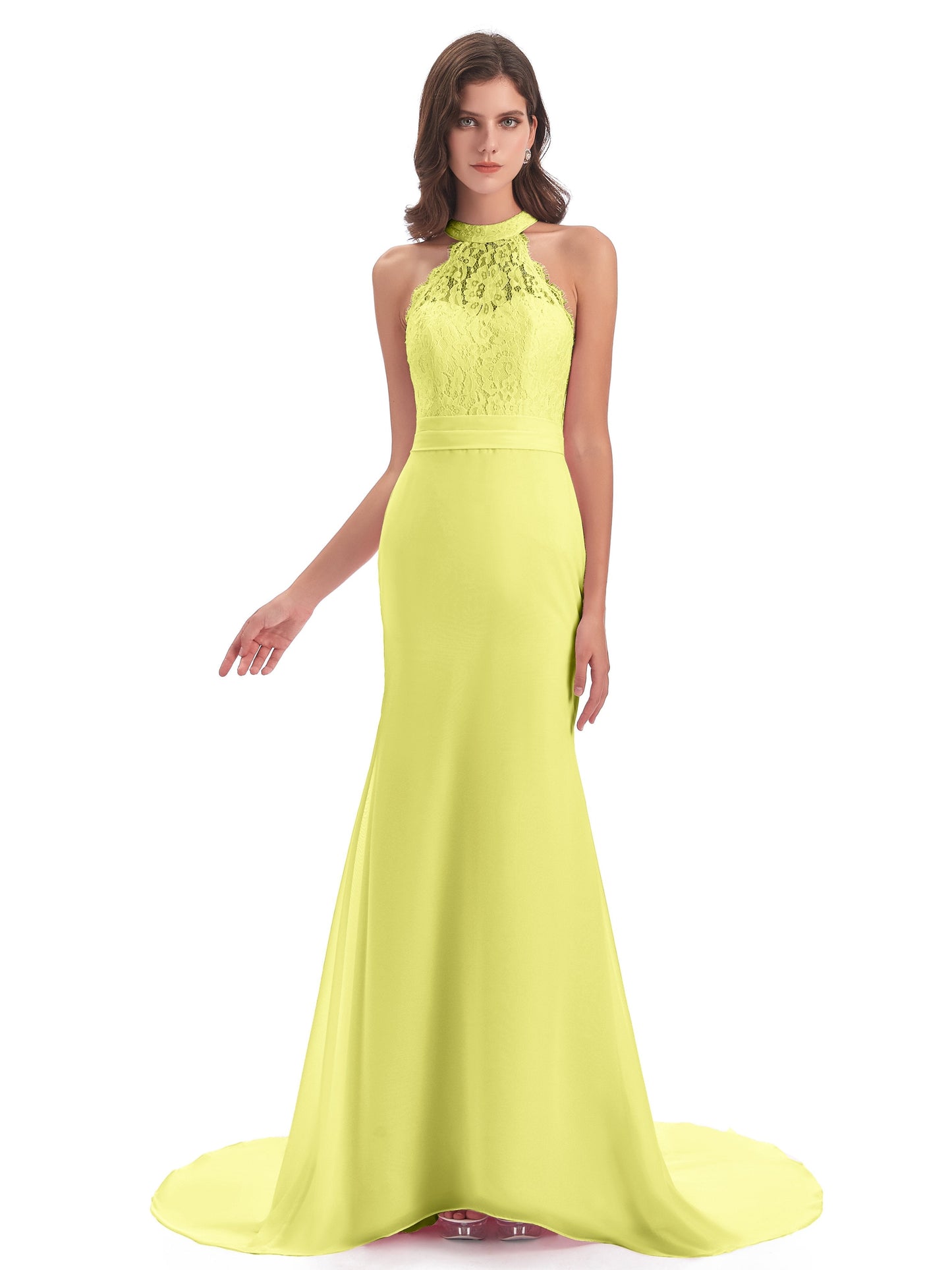 Jenny Court Train Halter Lace Bridesmaid Dresses
