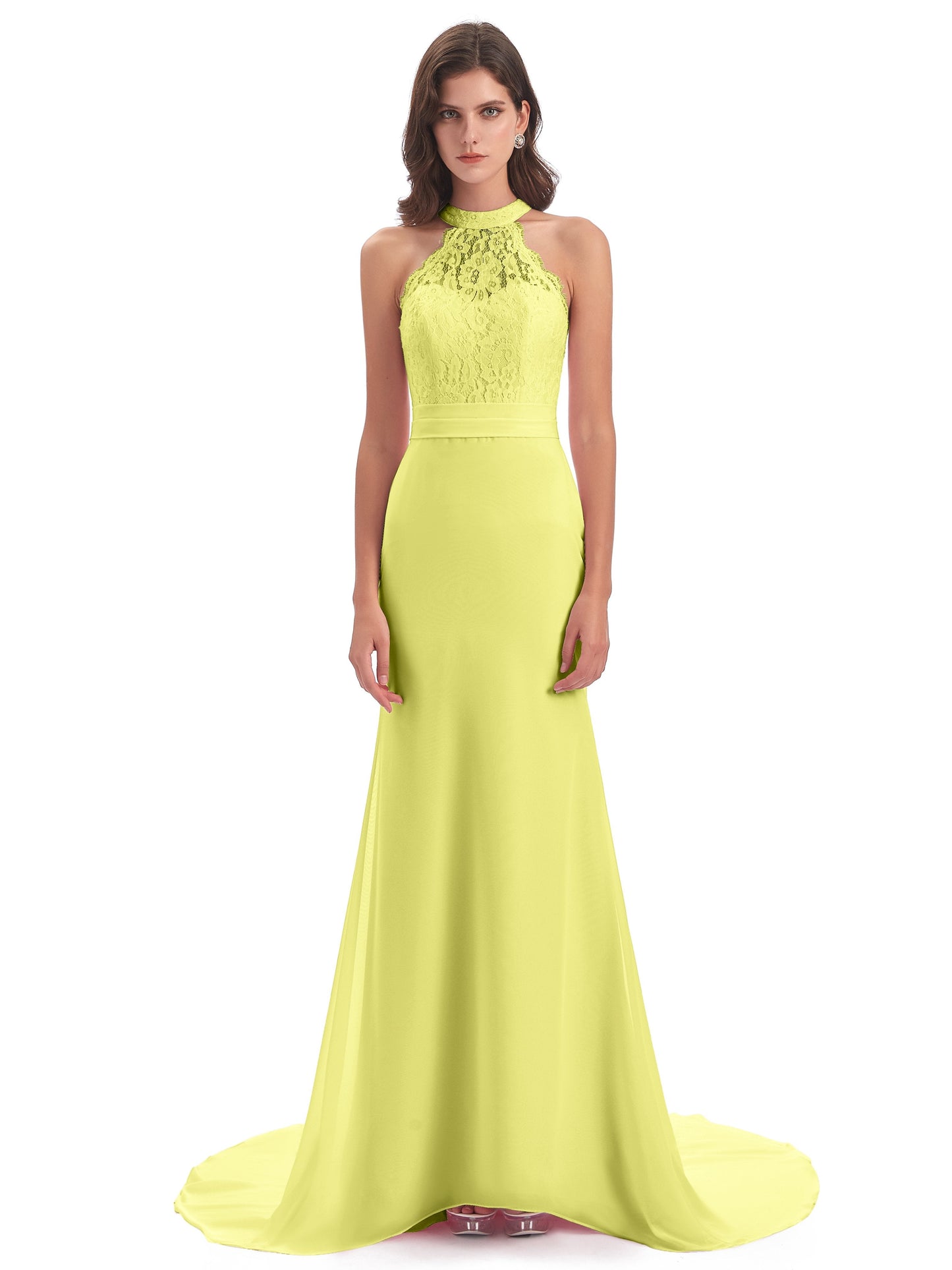 Jenny Court Train Halter Lace Bridesmaid Dresses