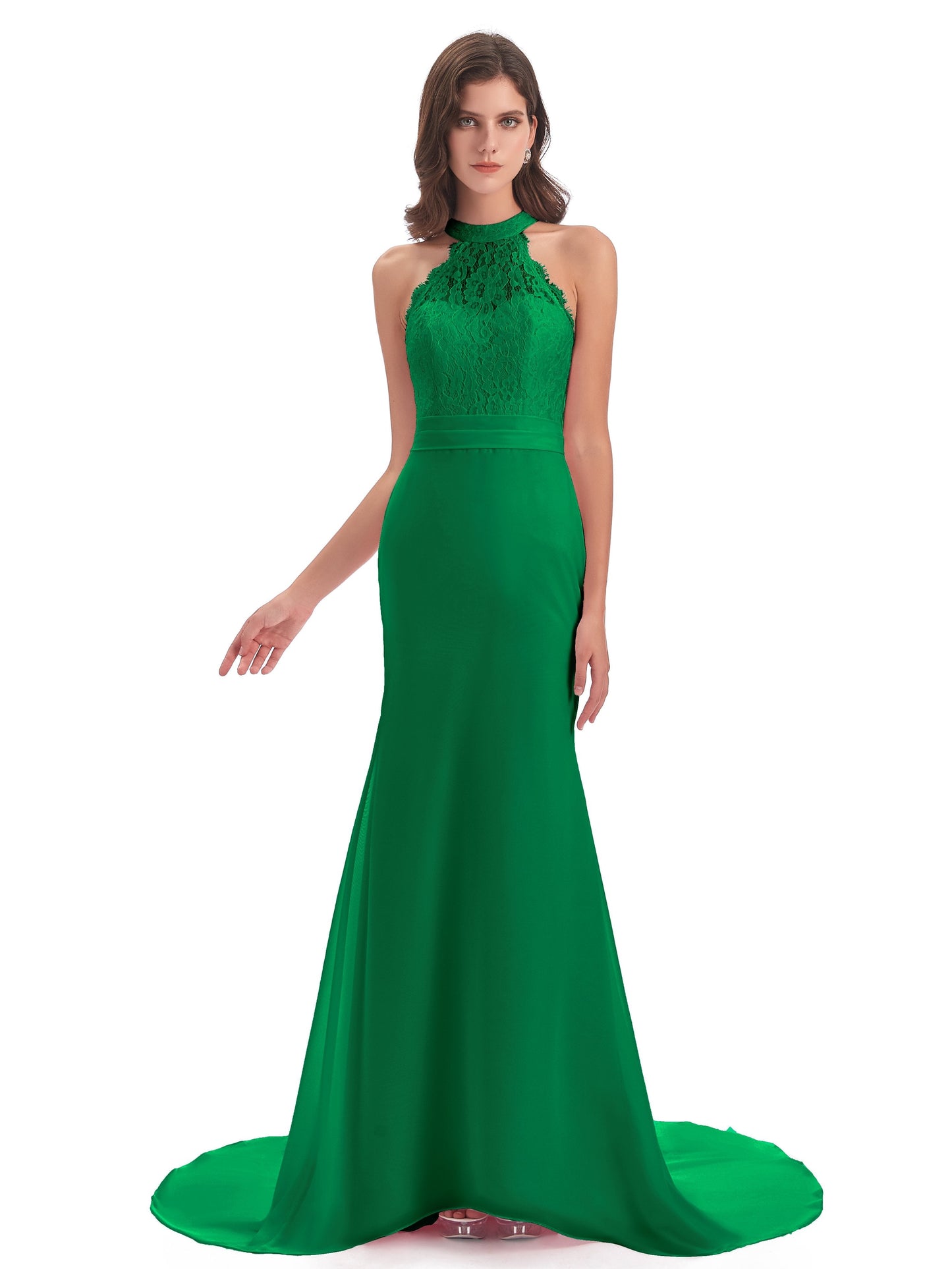 Jenny Court Train Halter Lace Bridesmaid Dresses