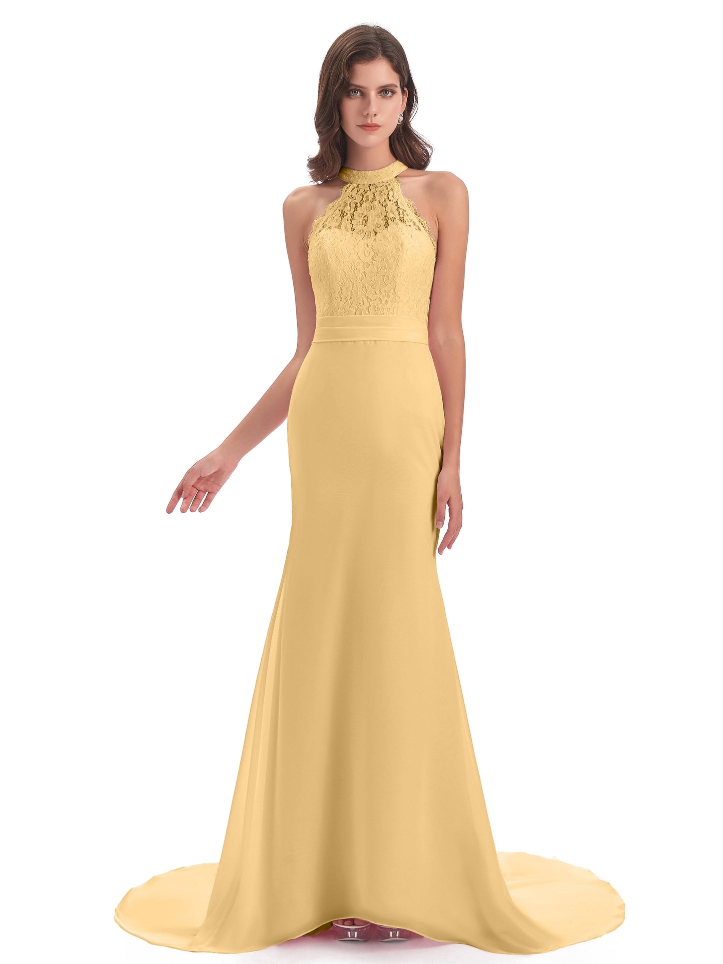 Jenny Court Train Halter Lace Bridesmaid Dresses