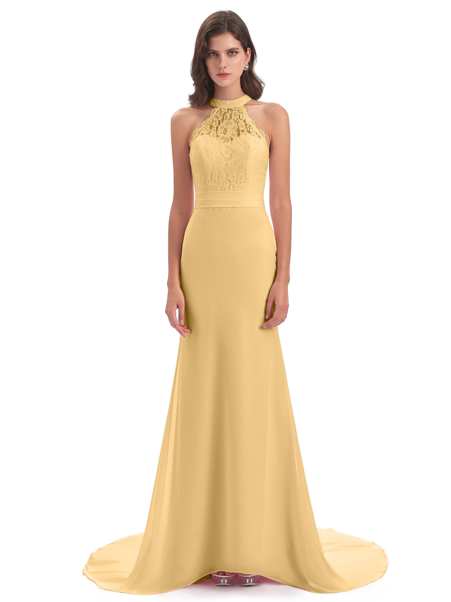 Jenny Court Train Halter Lace Bridesmaid Dresses