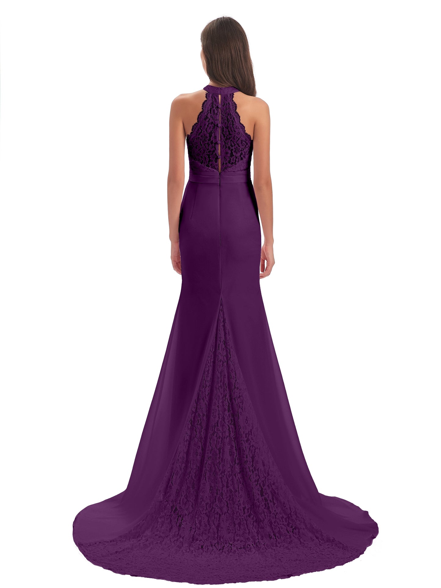 Jenny Court Train Halter Lace Bridesmaid Dresses
