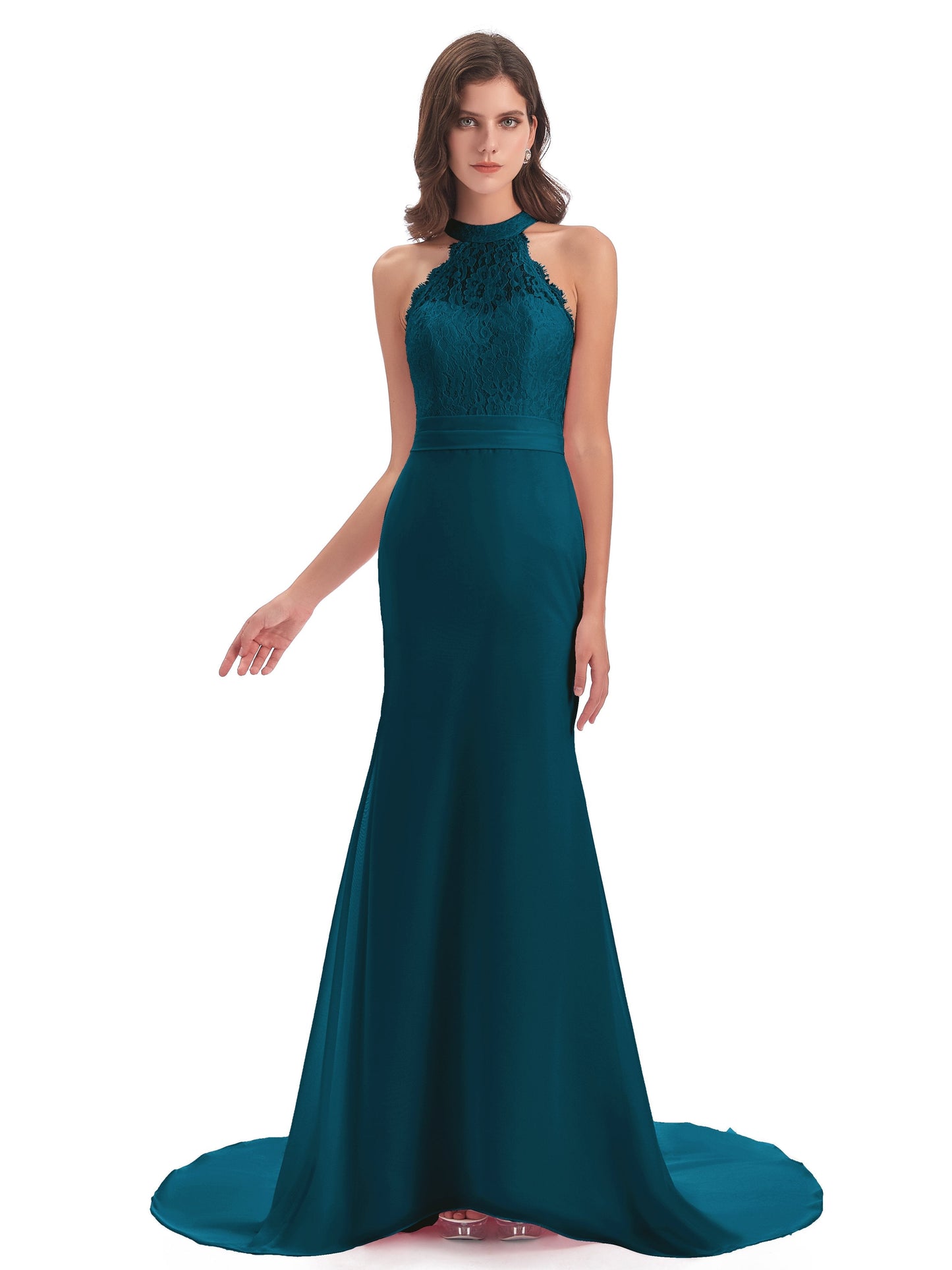 Jenny Court Train Halter Lace Bridesmaid Dresses