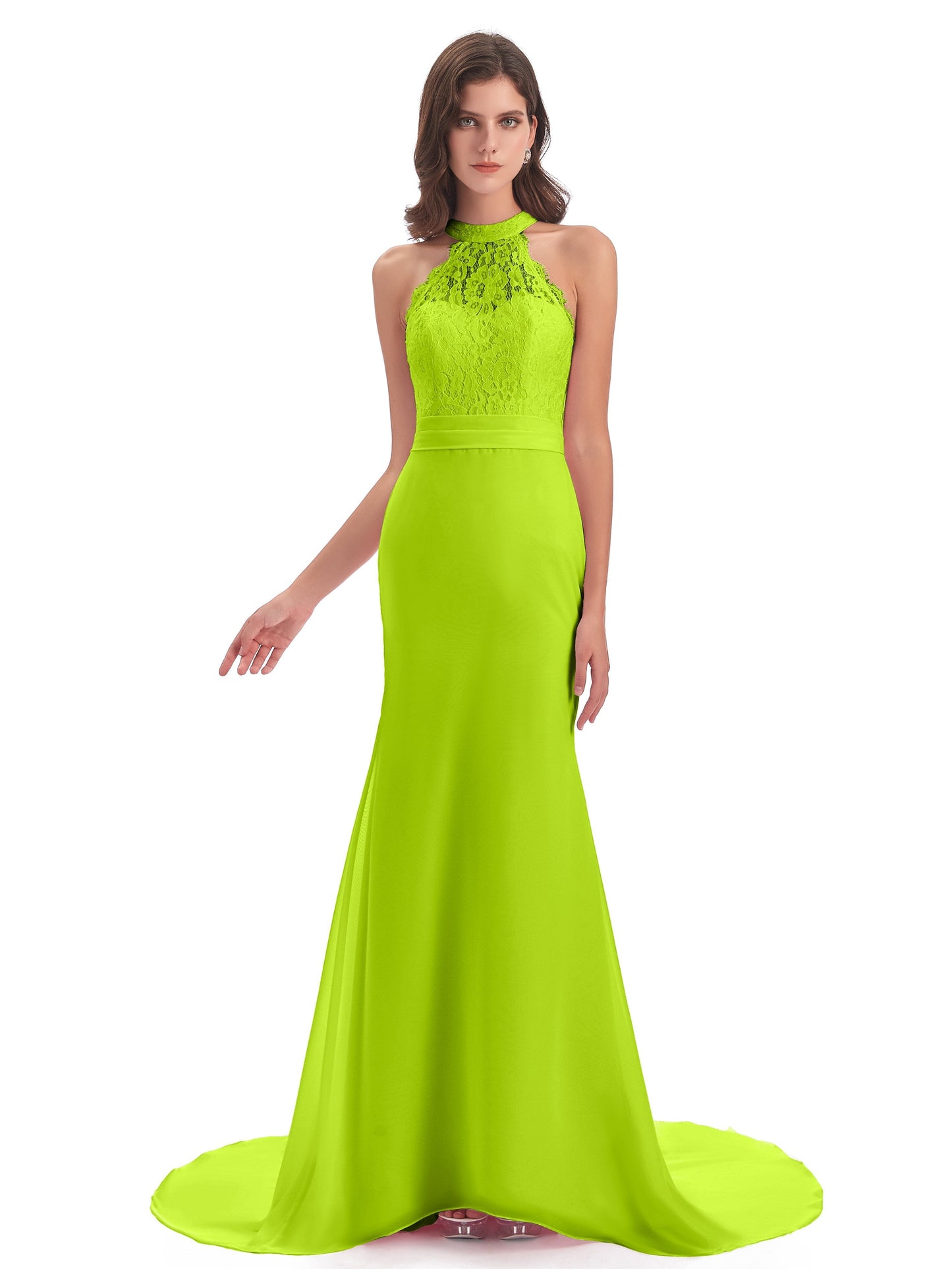 Jenny Court Train Halter Lace Bridesmaid Dresses