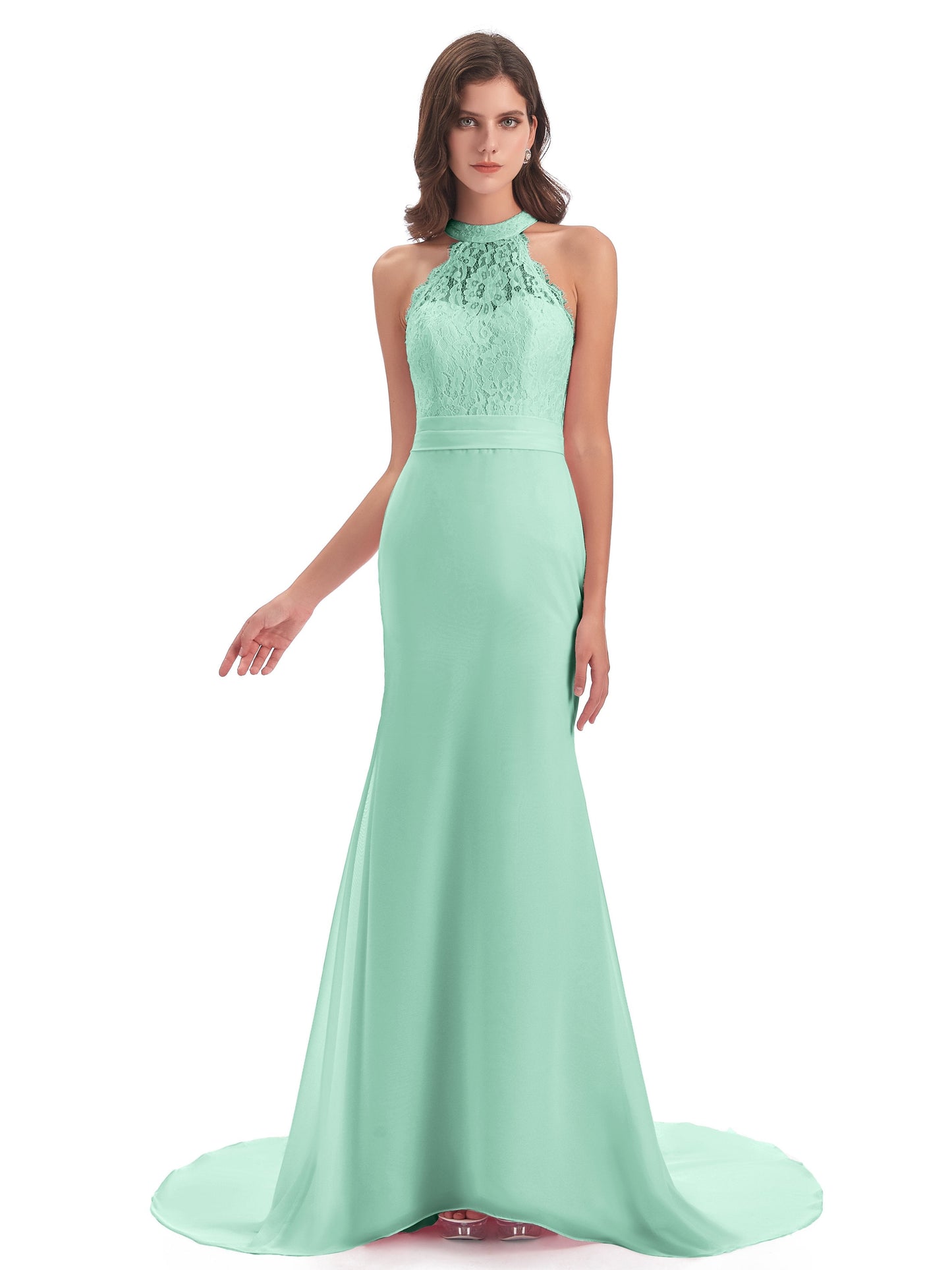 Jenny Court Train Halter Lace Bridesmaid Dresses