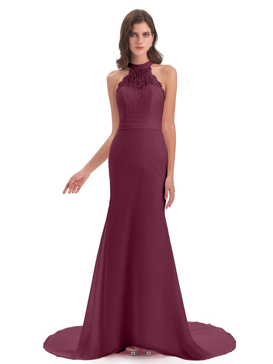 Jenny Court Train Halter Lace Bridesmaid Dresses