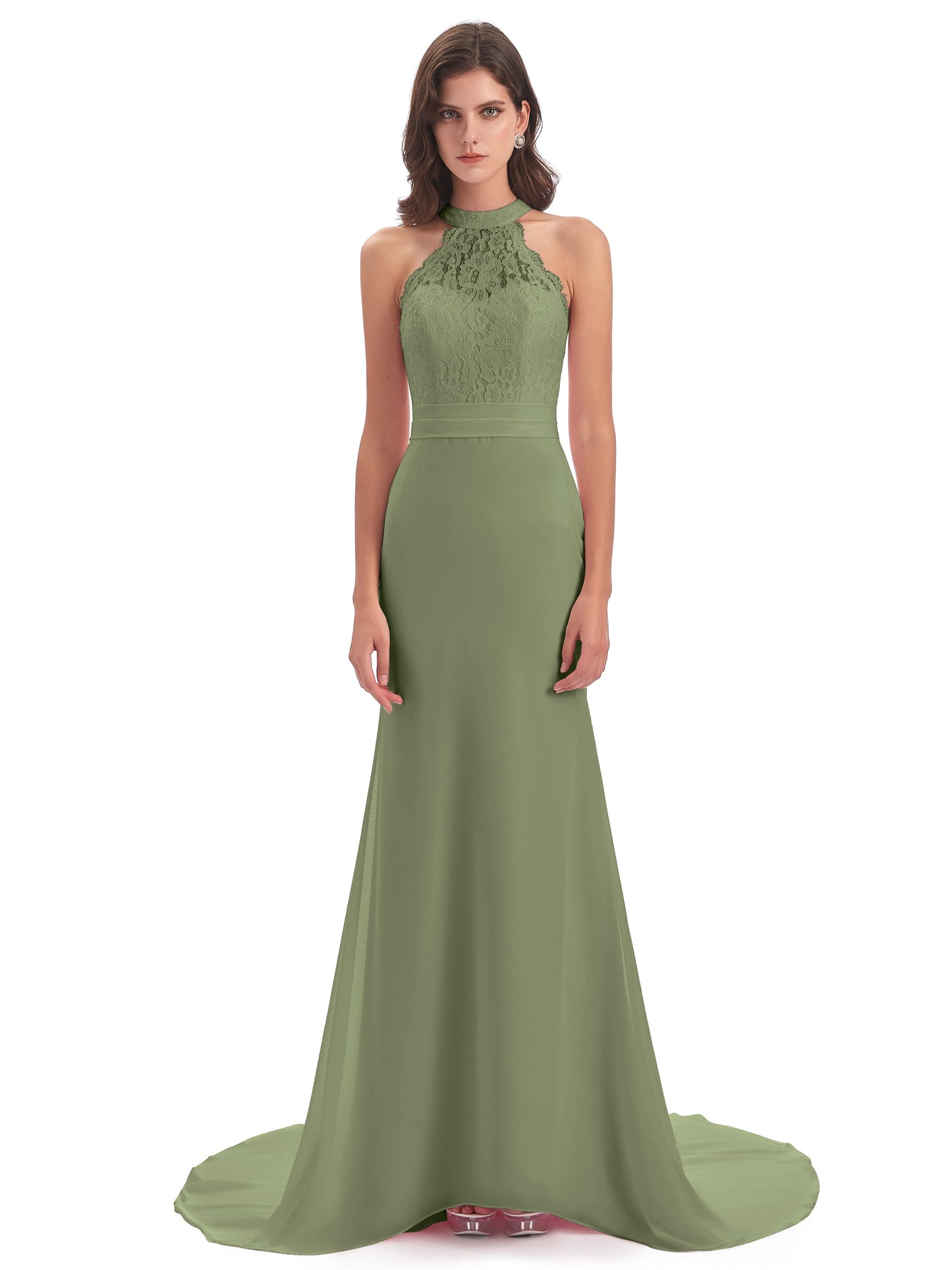 Jenny Court Train Halter Lace Bridesmaid Dresses