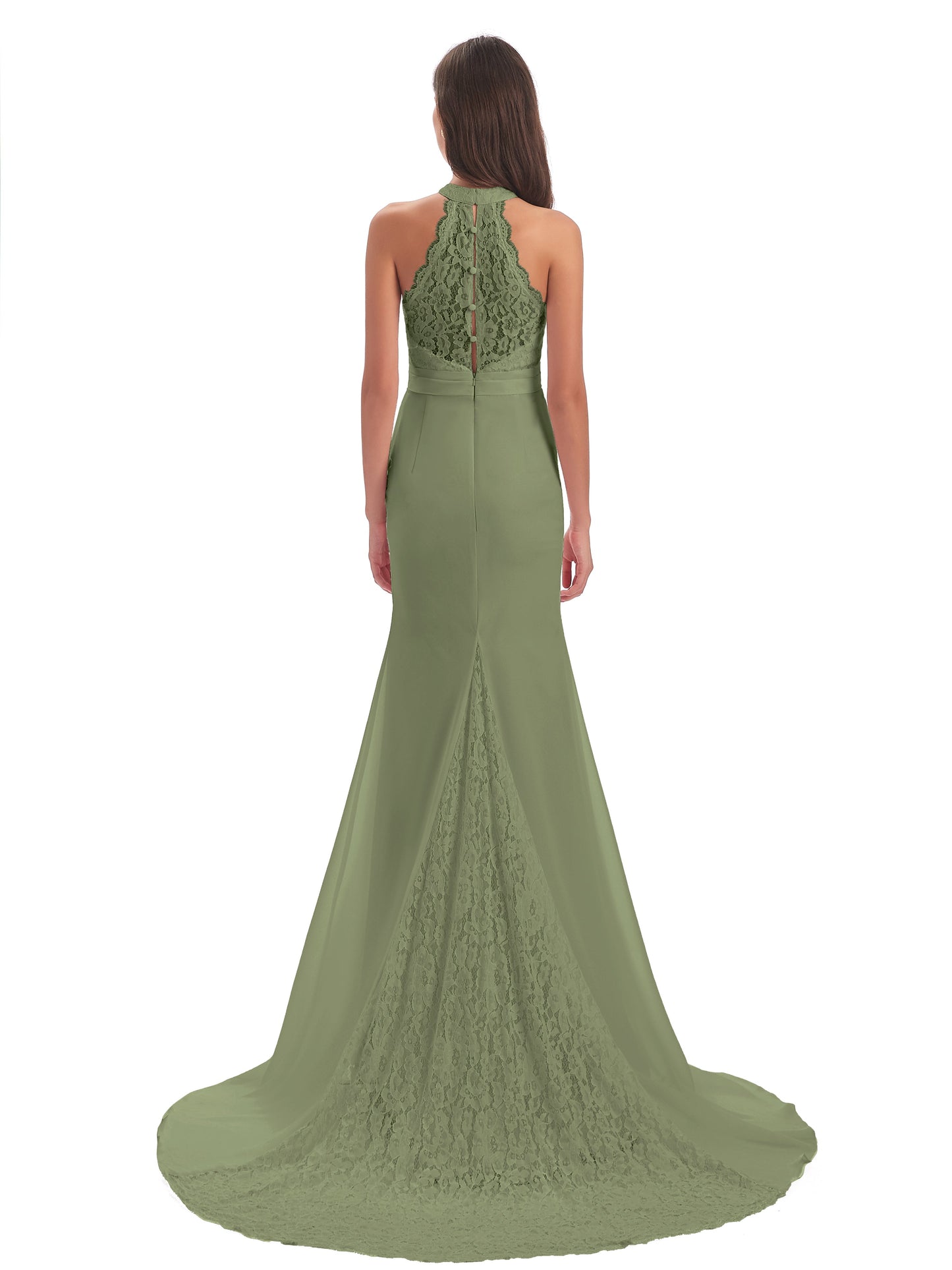 Jenny Court Train Halter Lace Bridesmaid Dresses