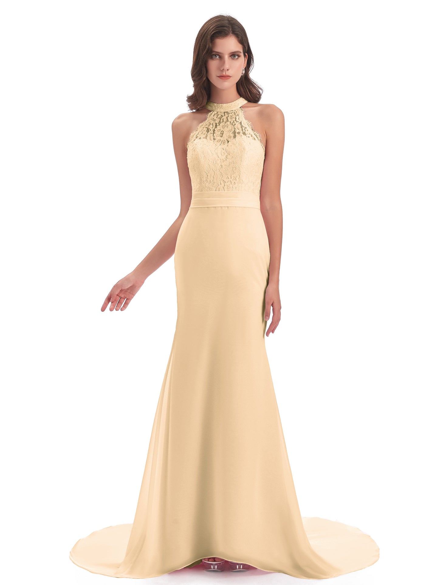 Jenny Court Train Halter Lace Bridesmaid Dresses