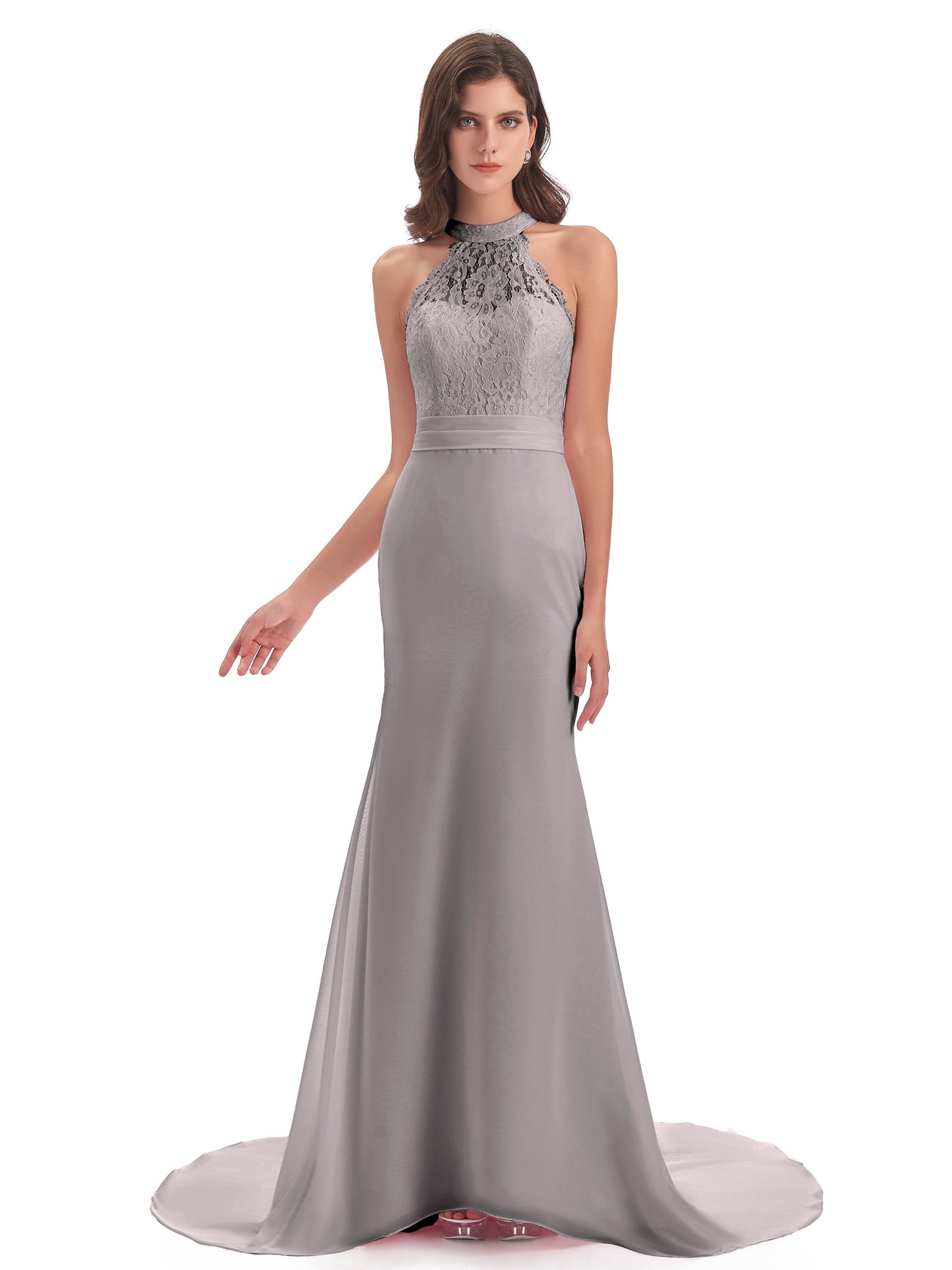Jenny Court Train Halter Lace Bridesmaid Dresses