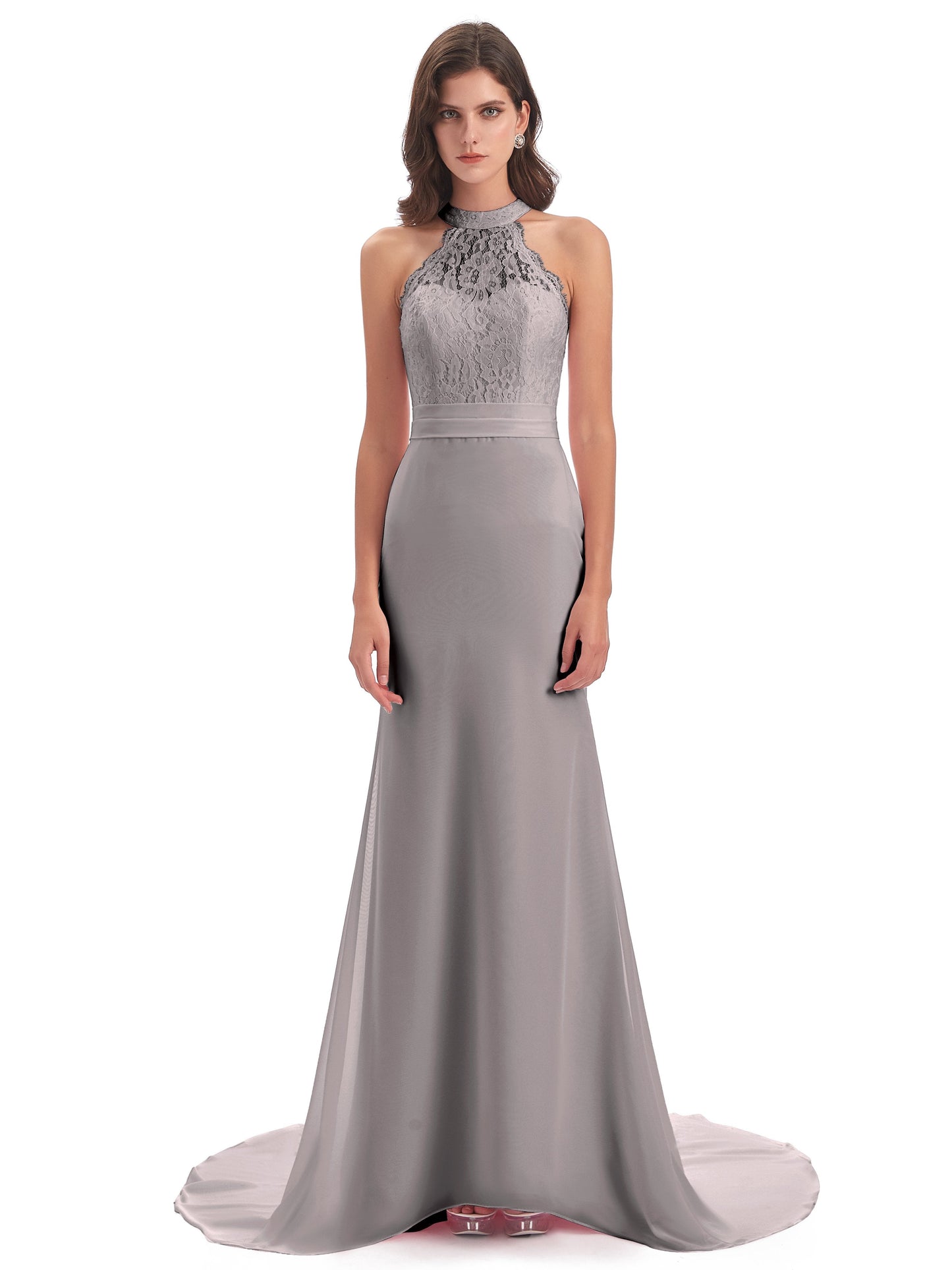 Jenny Court Train Halter Lace Bridesmaid Dresses