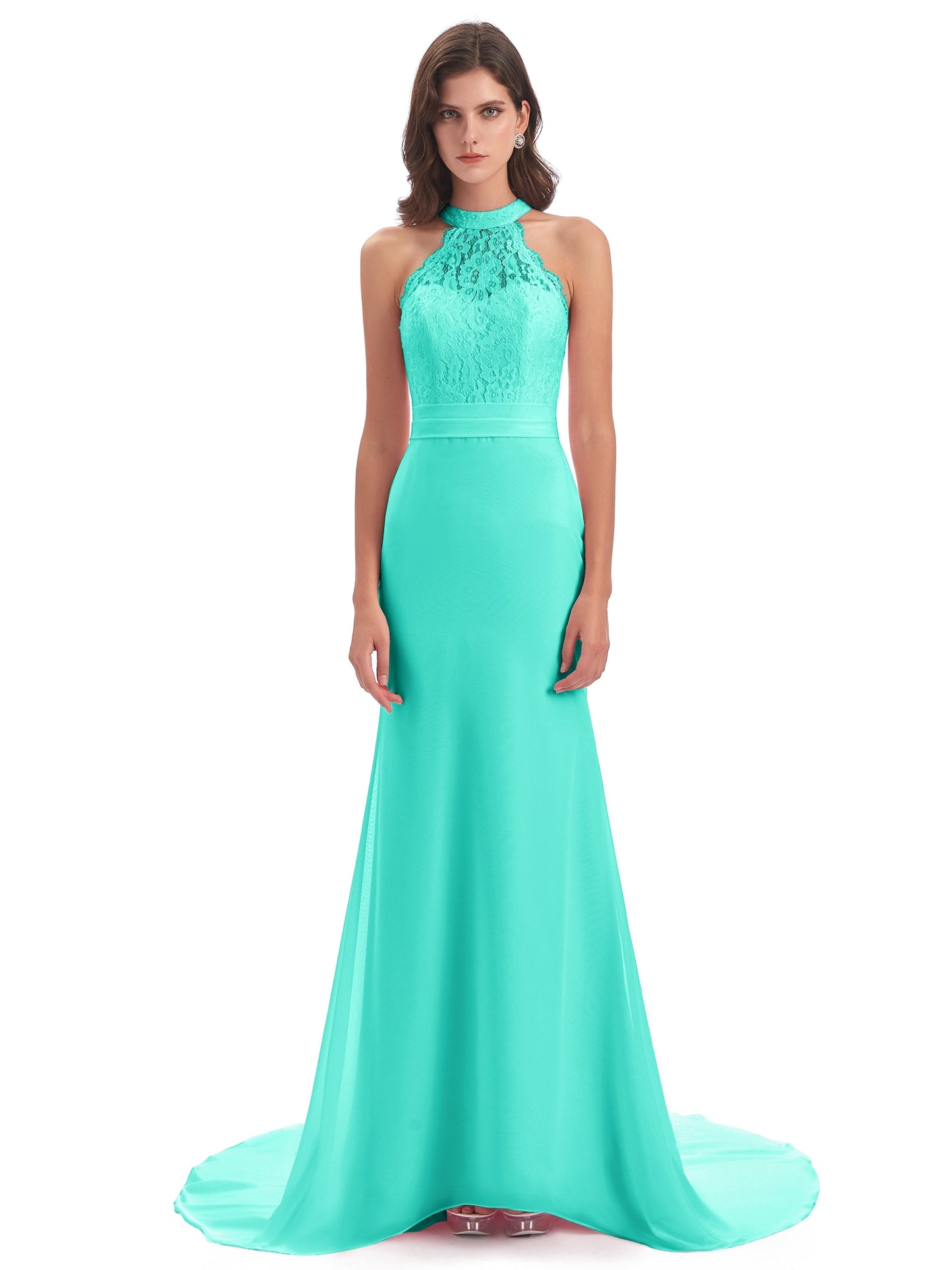 Jenny Court Train Halter Lace Bridesmaid Dresses
