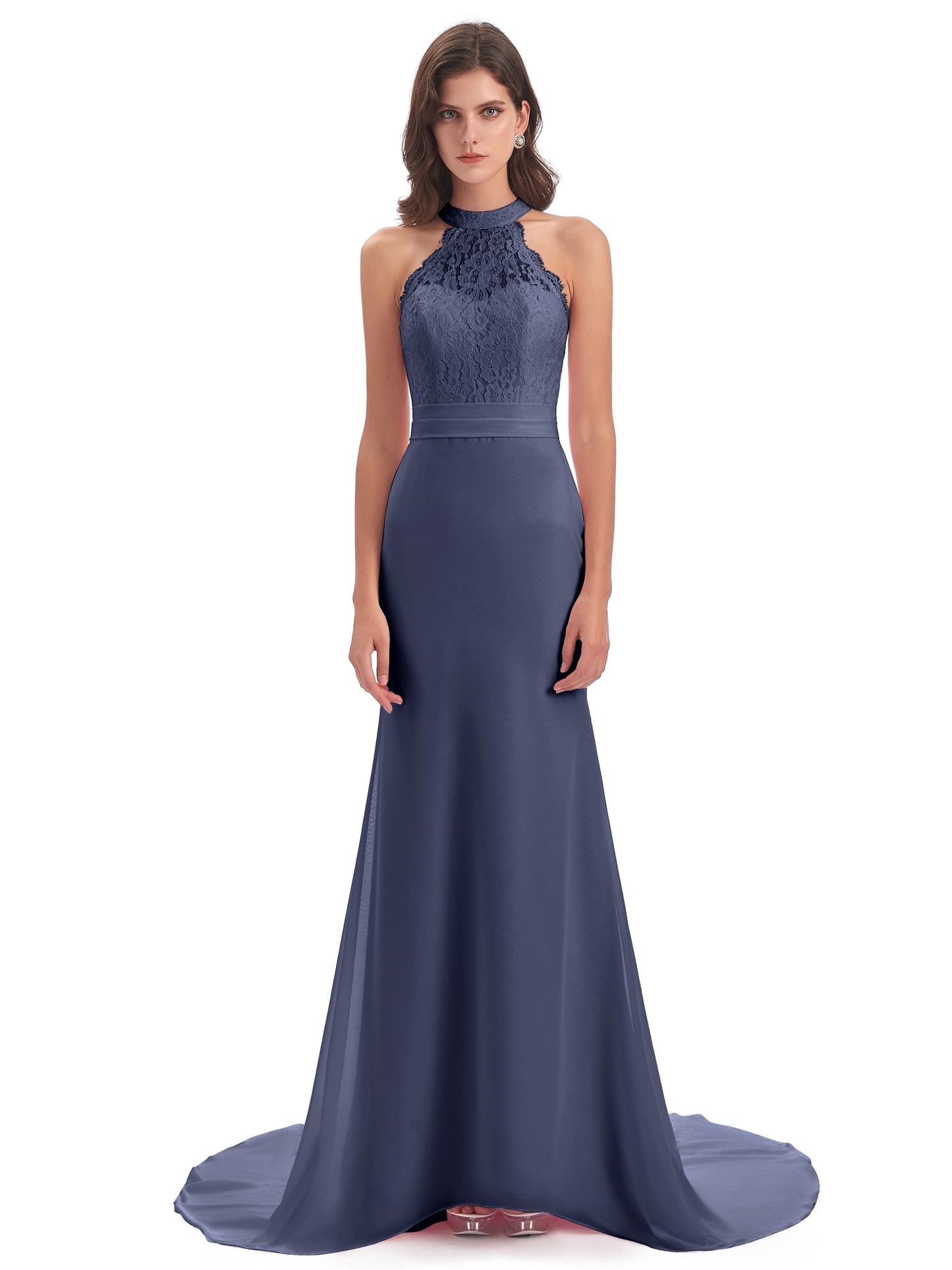 Jenny Court Train Halter Lace Bridesmaid Dresses