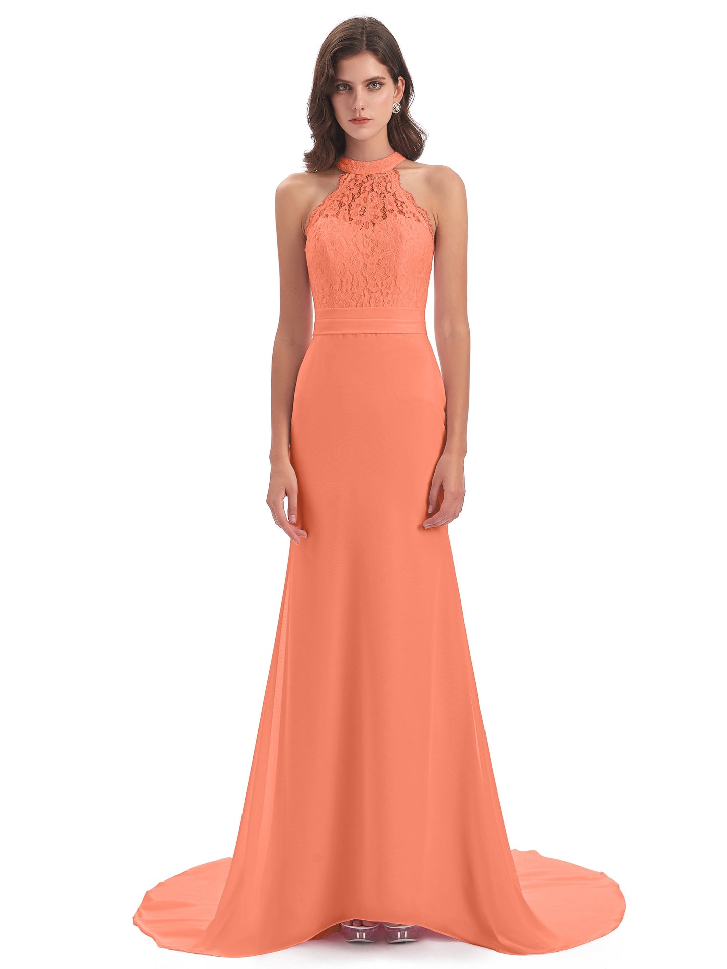 Jenny Court Train Halter Lace Bridesmaid Dresses