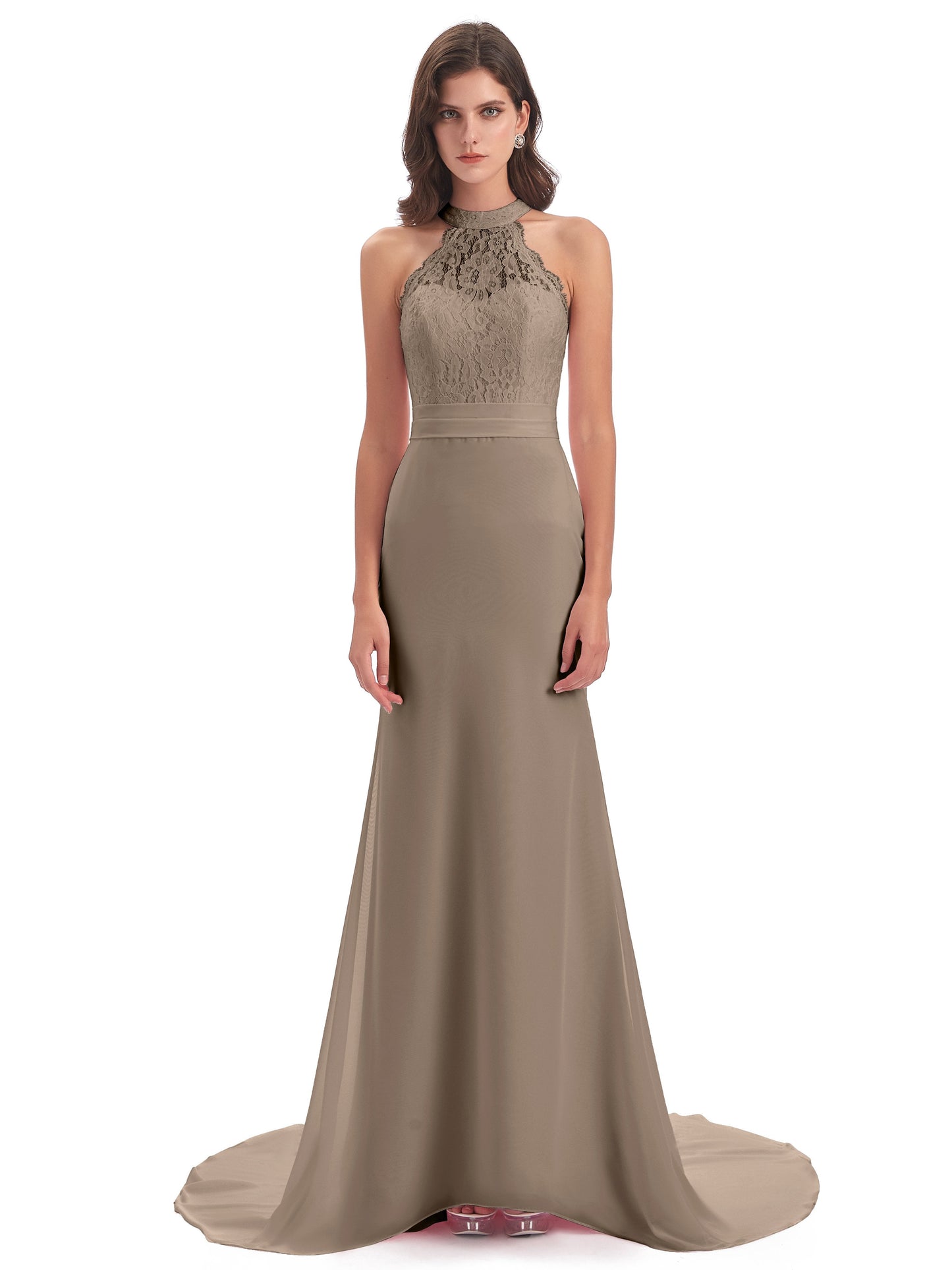 Jenny Court Train Halter Lace Bridesmaid Dresses