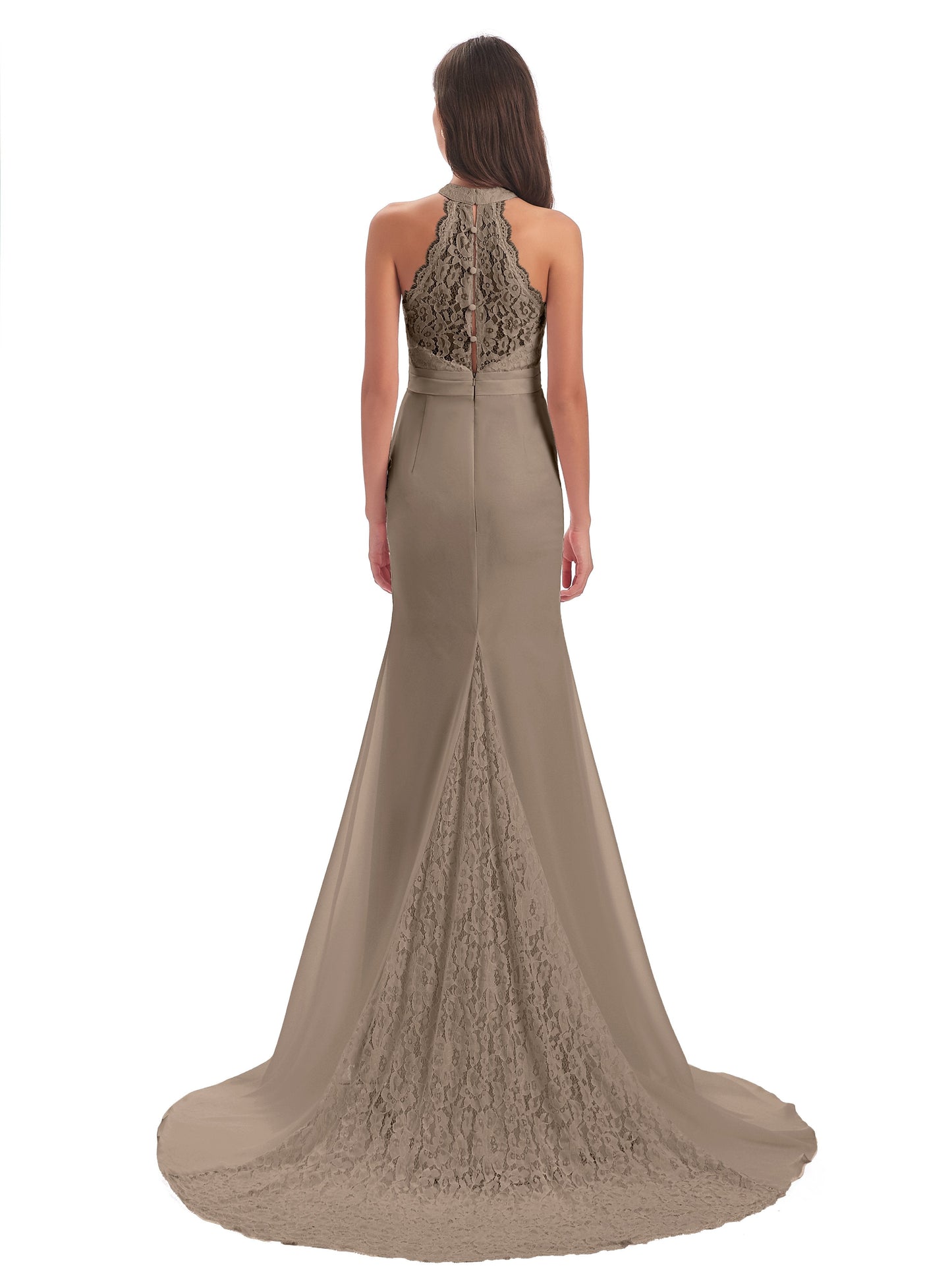Jenny Court Train Halter Lace Bridesmaid Dresses