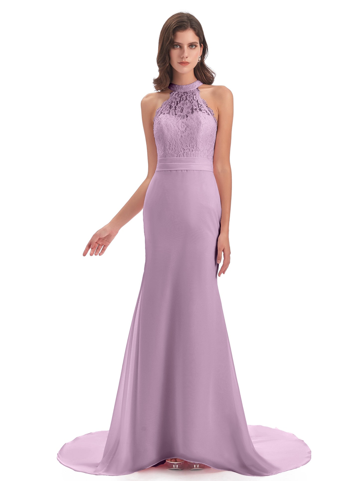 Jenny Court Train Halter Lace Bridesmaid Dresses