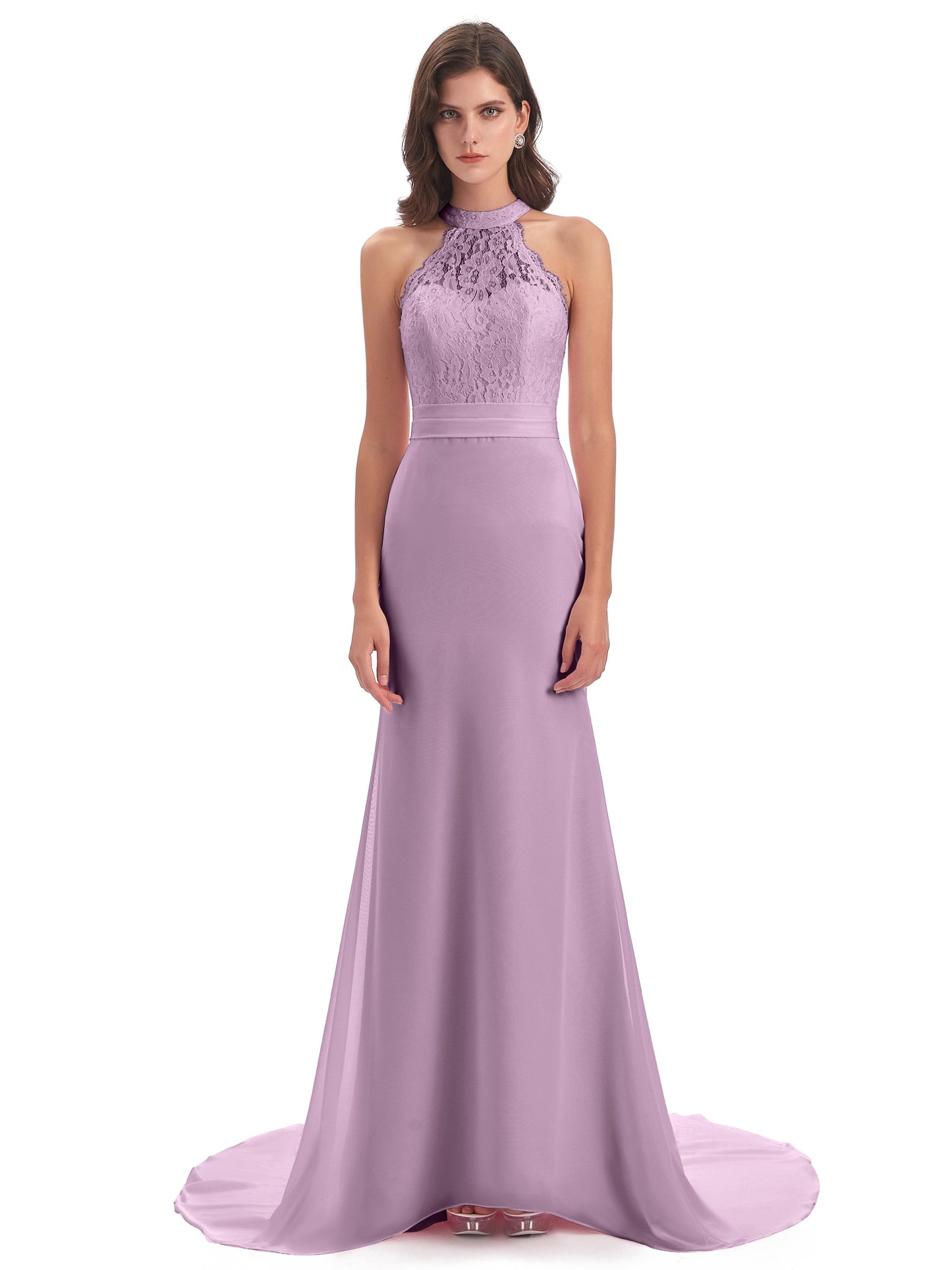 Jenny Court Train Halter Lace Bridesmaid Dresses
