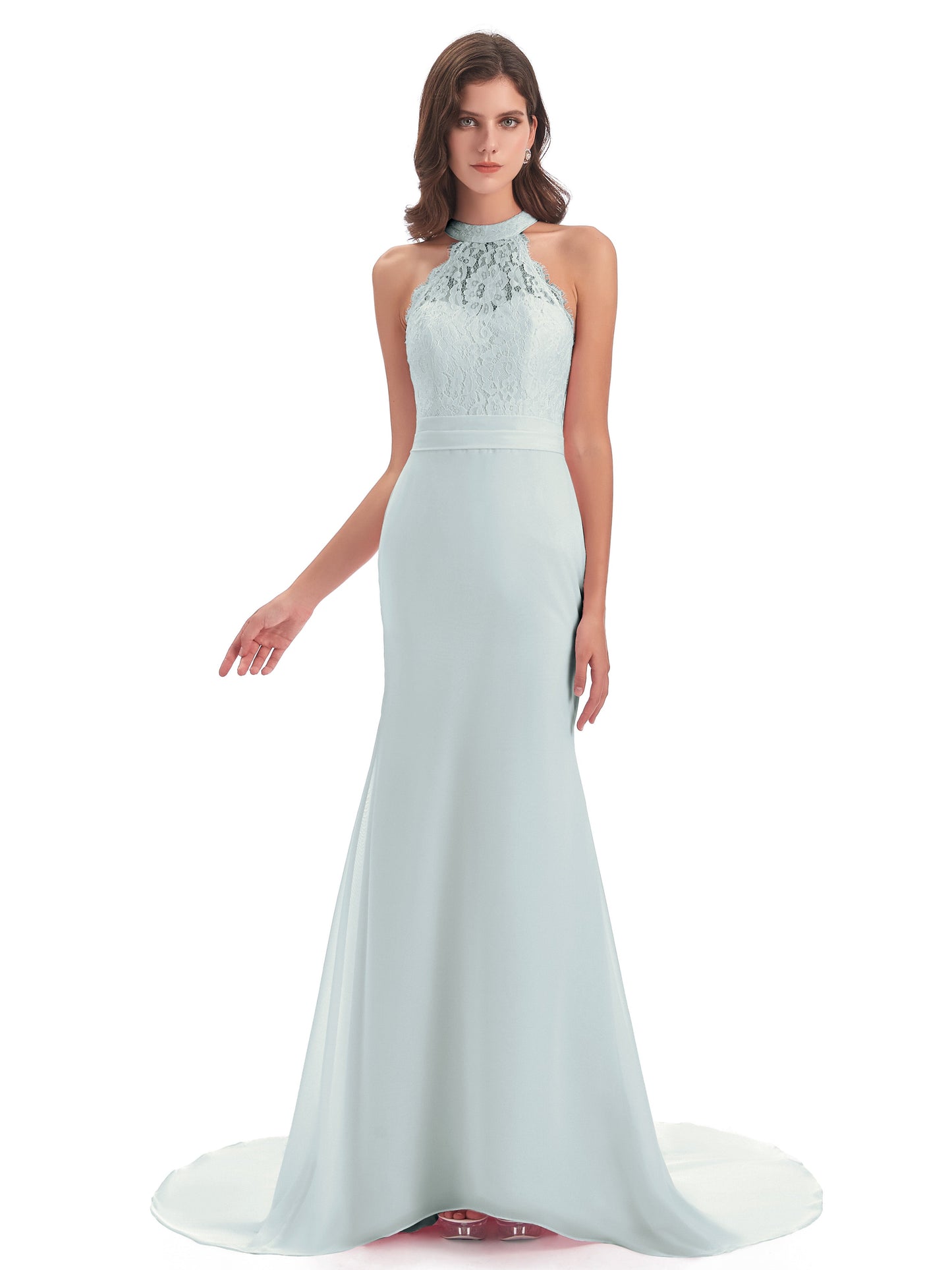 Jenny Court Train Halter Lace Bridesmaid Dresses