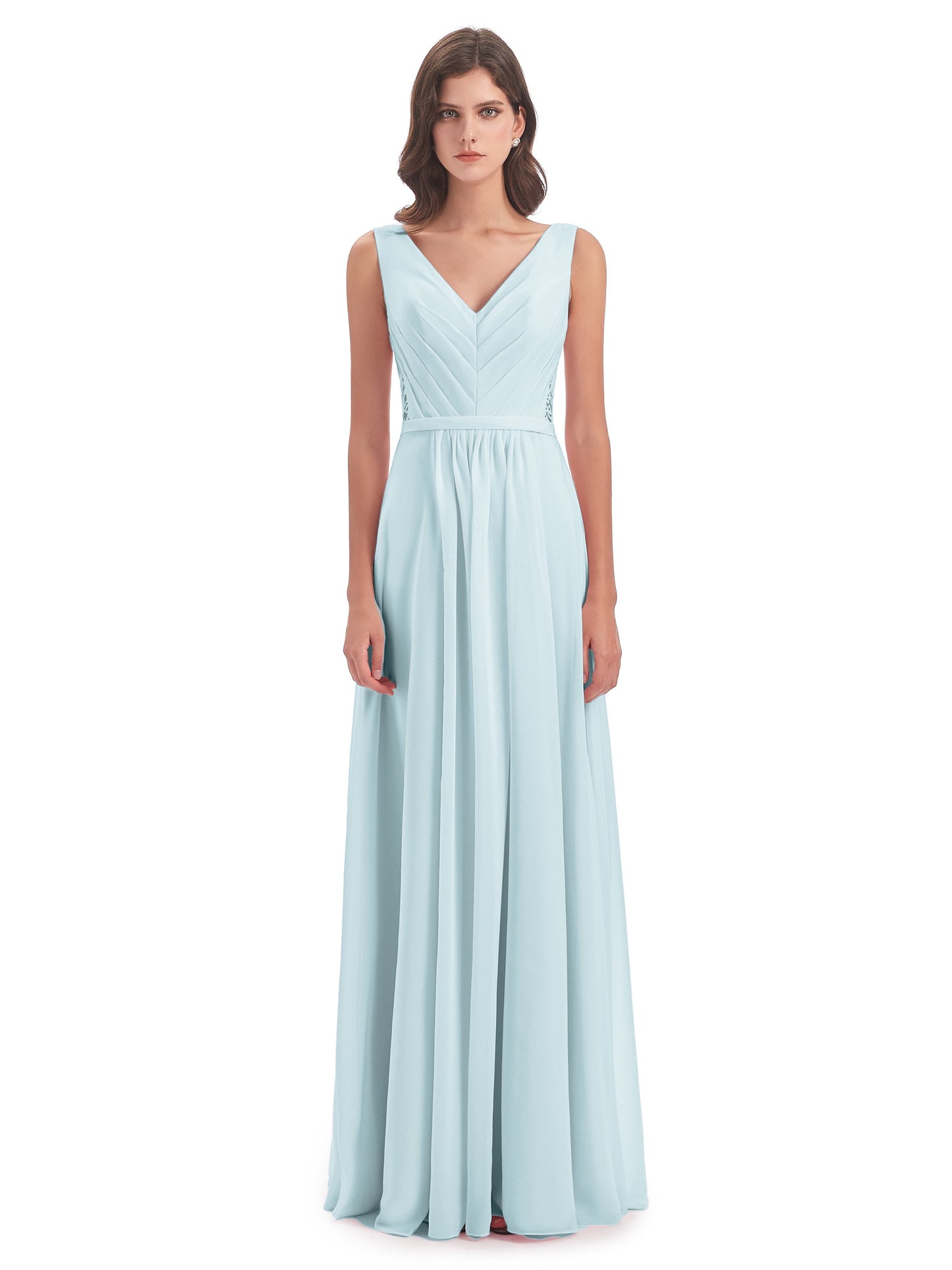 Kailee A-line V-neck Chiffon Long Bridesmaid Dresses