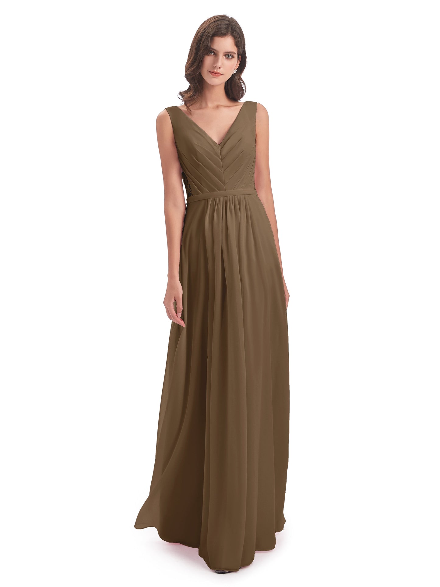 Kailee A-line V-neck Chiffon Long Bridesmaid Dresses