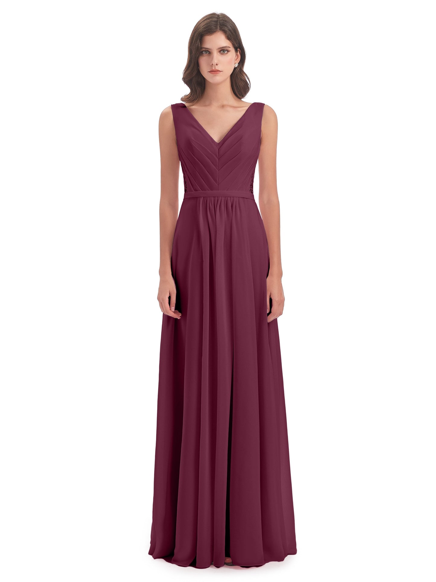 Kailee A-line V-neck Chiffon Long Bridesmaid Dresses