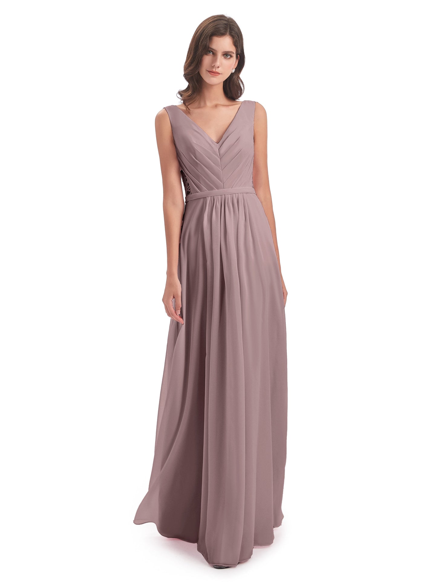 Kailee A-line V-neck Chiffon Long Bridesmaid Dresses