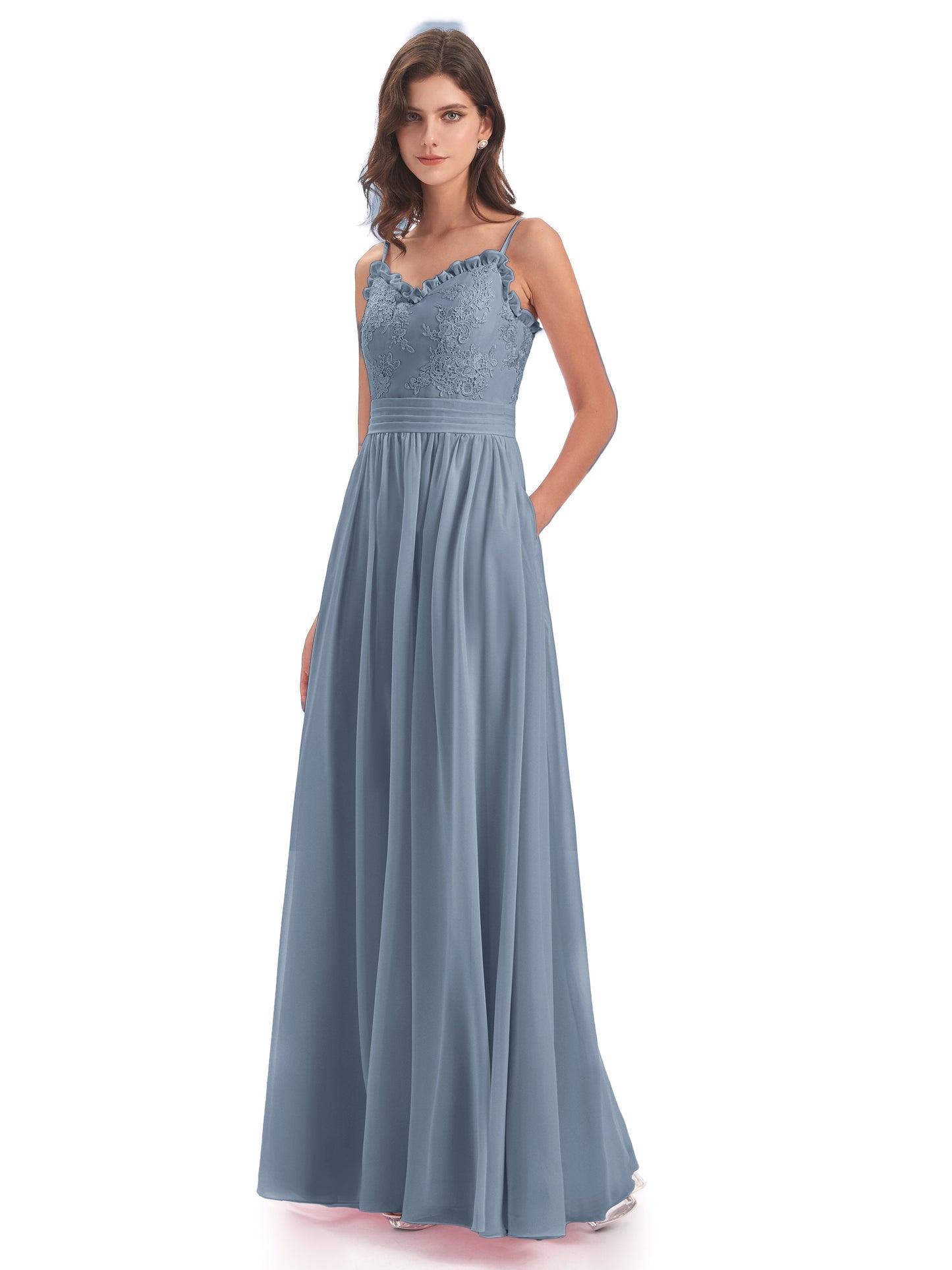 Madison A-line Spaghetti Straps Lace Long Bridesmaid Dresses