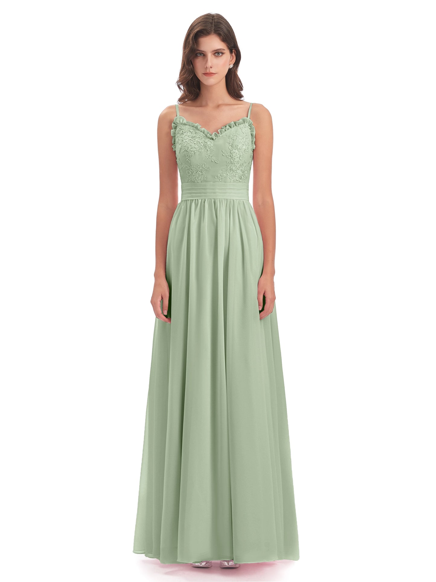 Madison A-line Spaghetti Straps Lace Long Bridesmaid Dresses