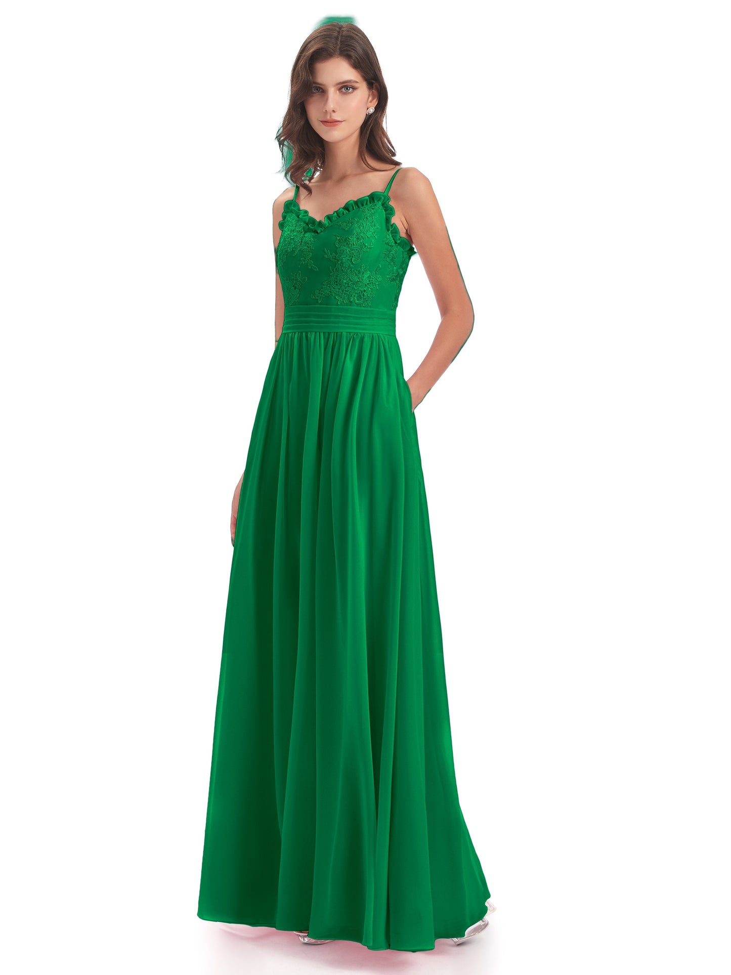 Madison A-line Spaghetti Straps Lace Long Bridesmaid Dresses