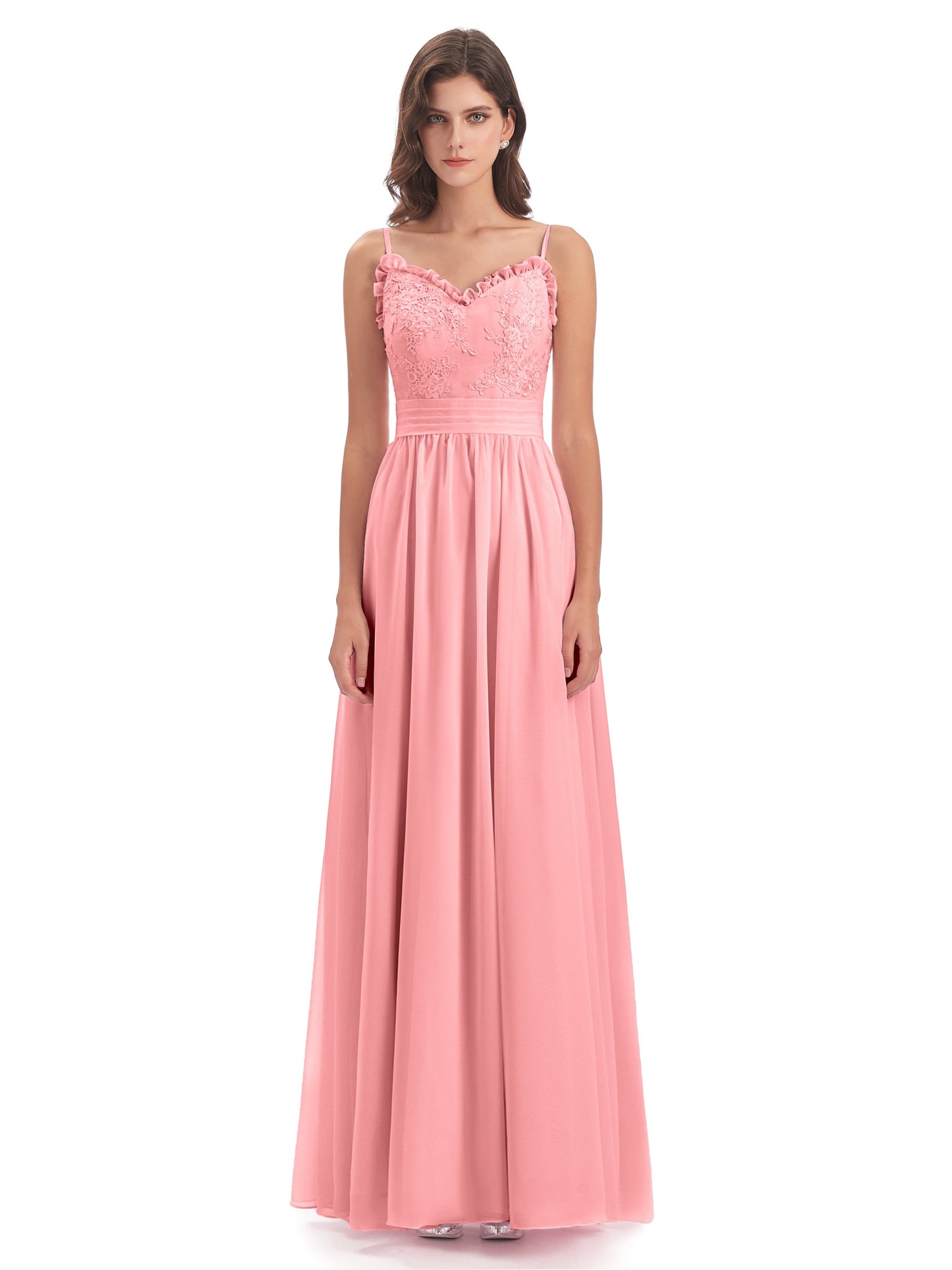 Madison A-line Spaghetti Straps Lace Long Bridesmaid Dresses