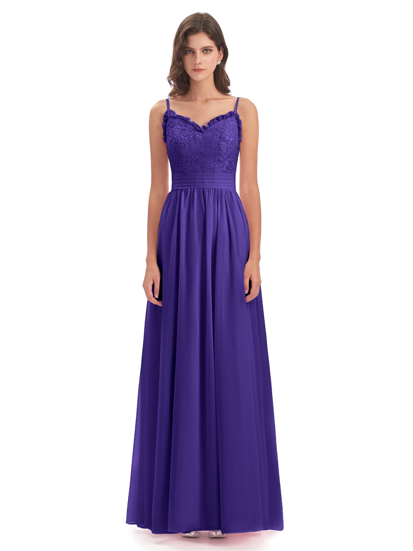 Madison A-line Spaghetti Straps Lace Long Bridesmaid Dresses