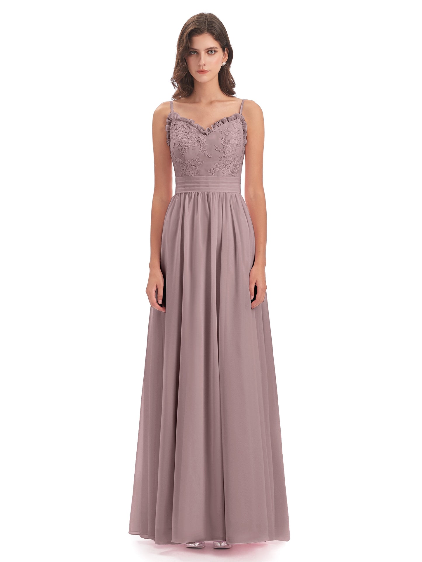 Madison A-line Spaghetti Straps Lace Long Bridesmaid Dresses