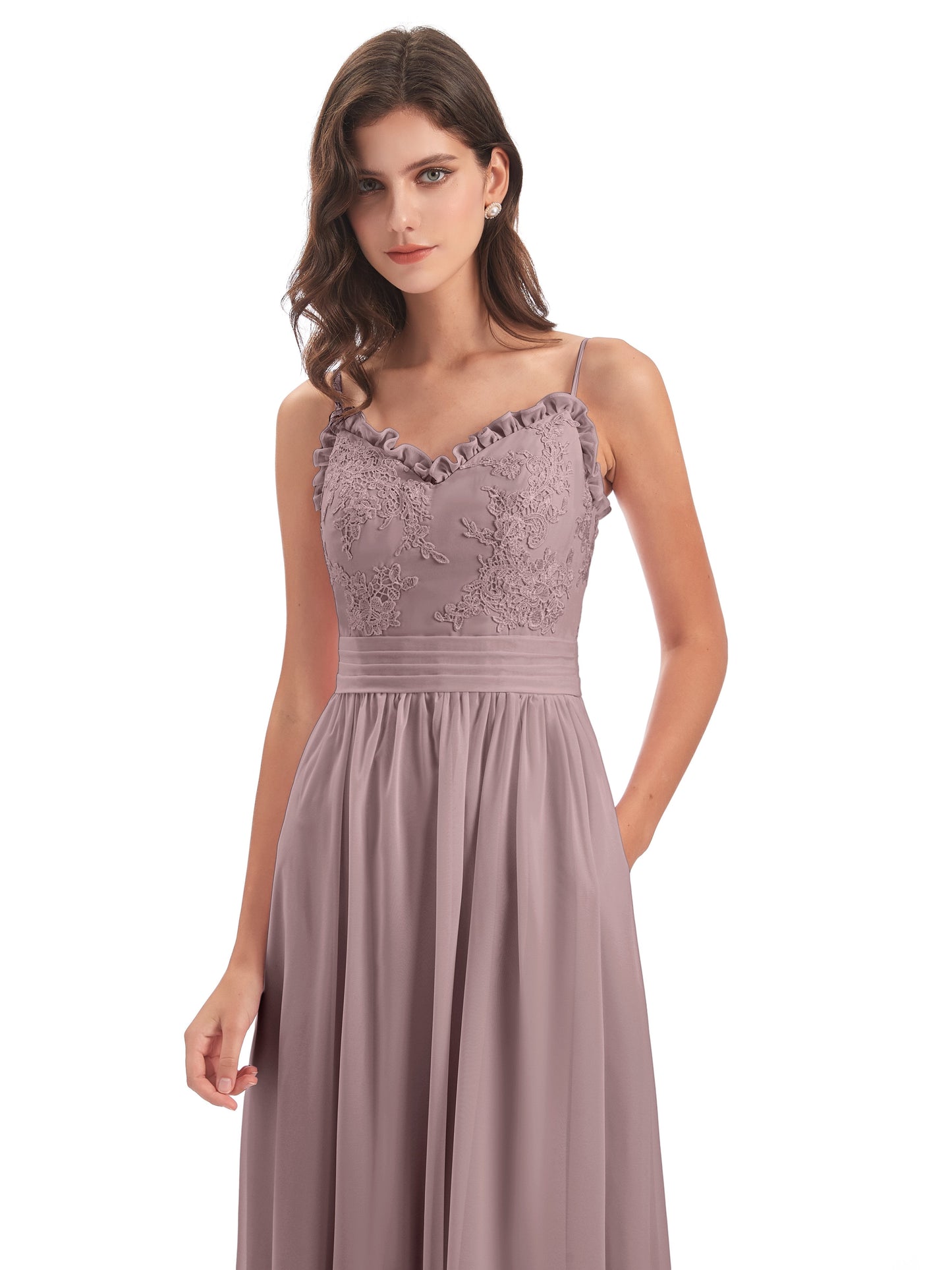 Madison A-line Spaghetti Straps Lace Long Bridesmaid Dresses