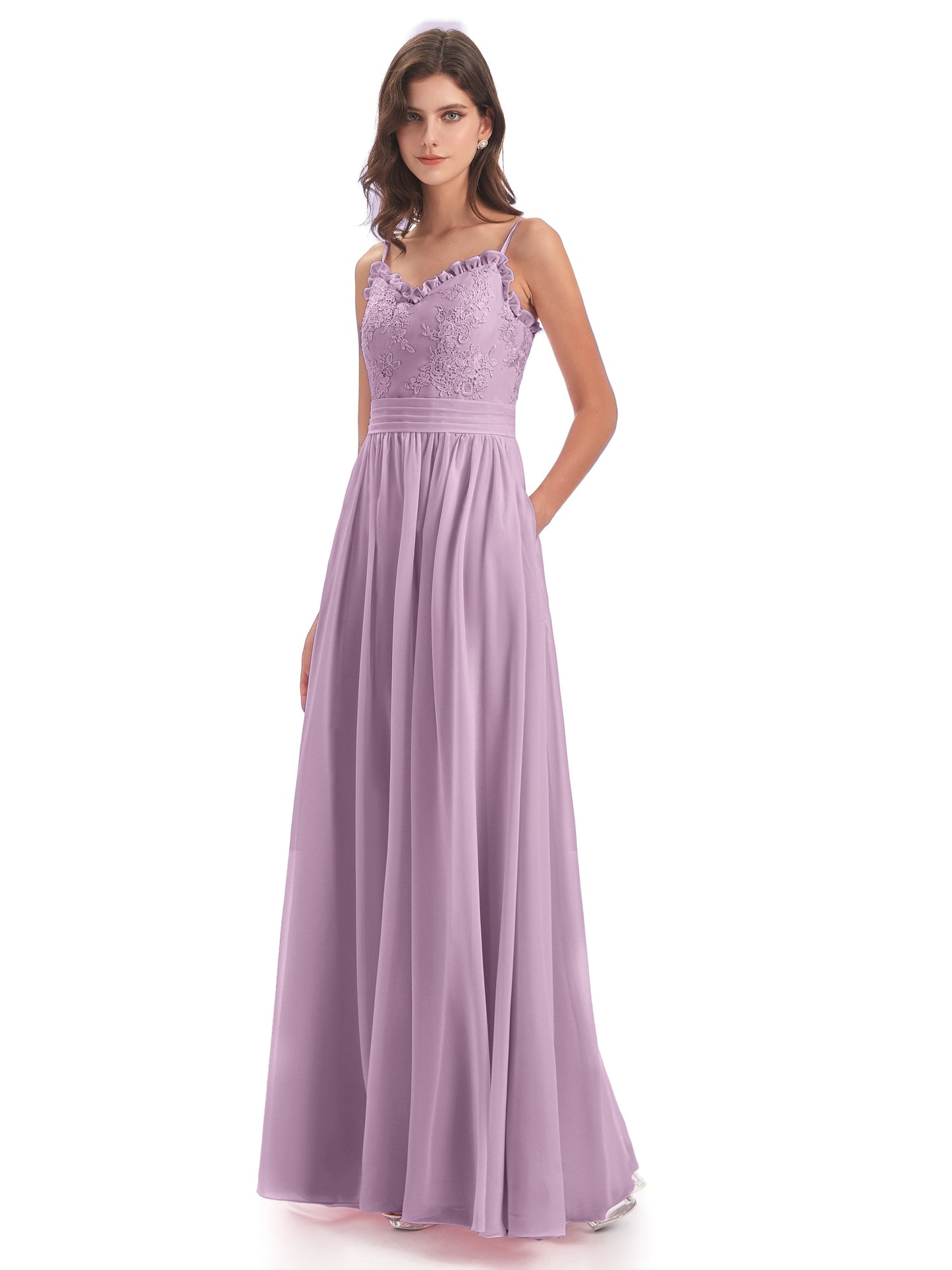 Madison A-line Spaghetti Straps Lace Long Bridesmaid Dresses