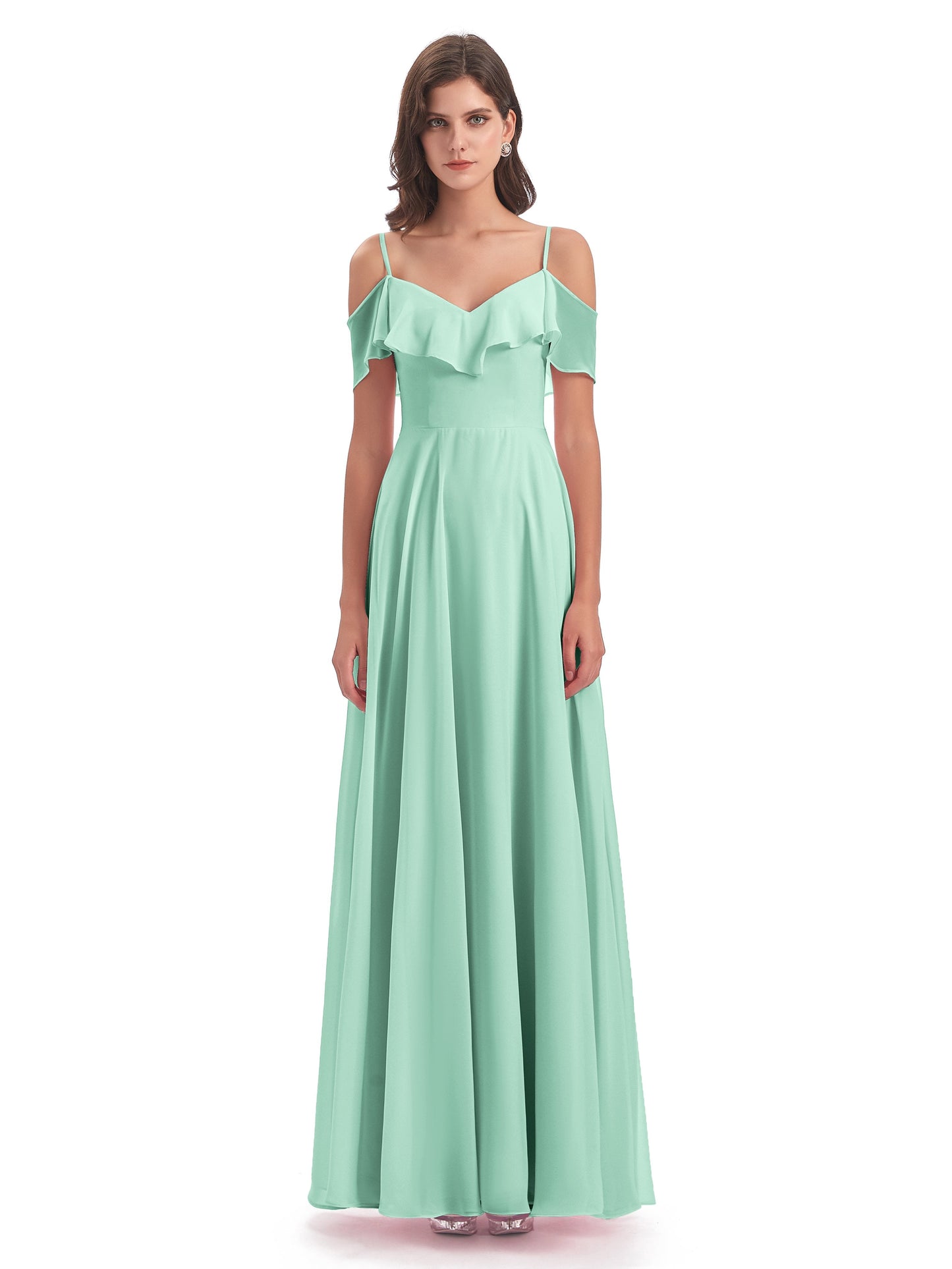 Miya A-line Floor Length Spaghetti Straps Ruffles Long Bridesmaid Dresses