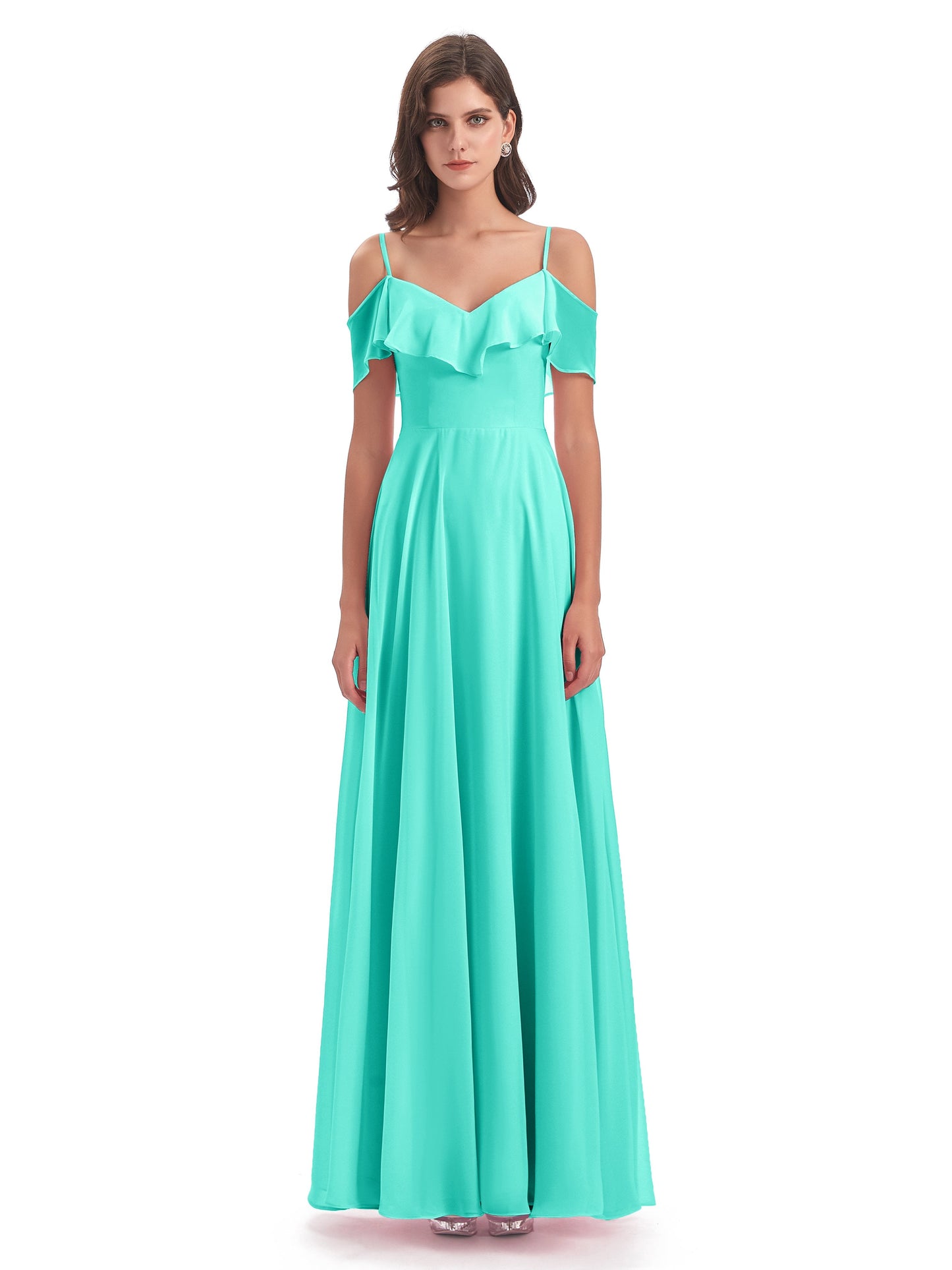 Miya A-line Floor Length Spaghetti Straps Ruffles Long Bridesmaid Dresses