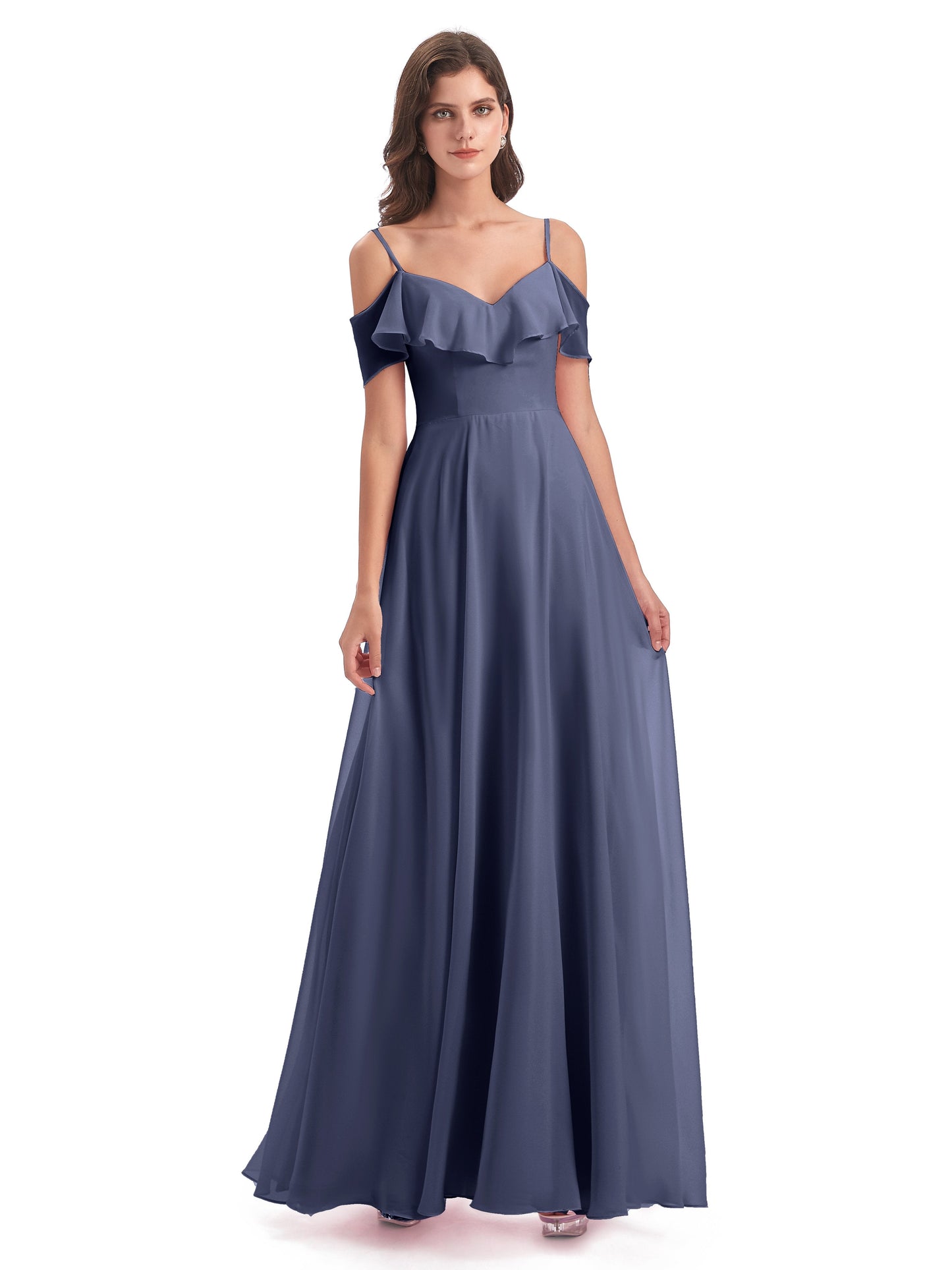 Miya A-line Floor Length Spaghetti Straps Ruffles Long Bridesmaid Dresses