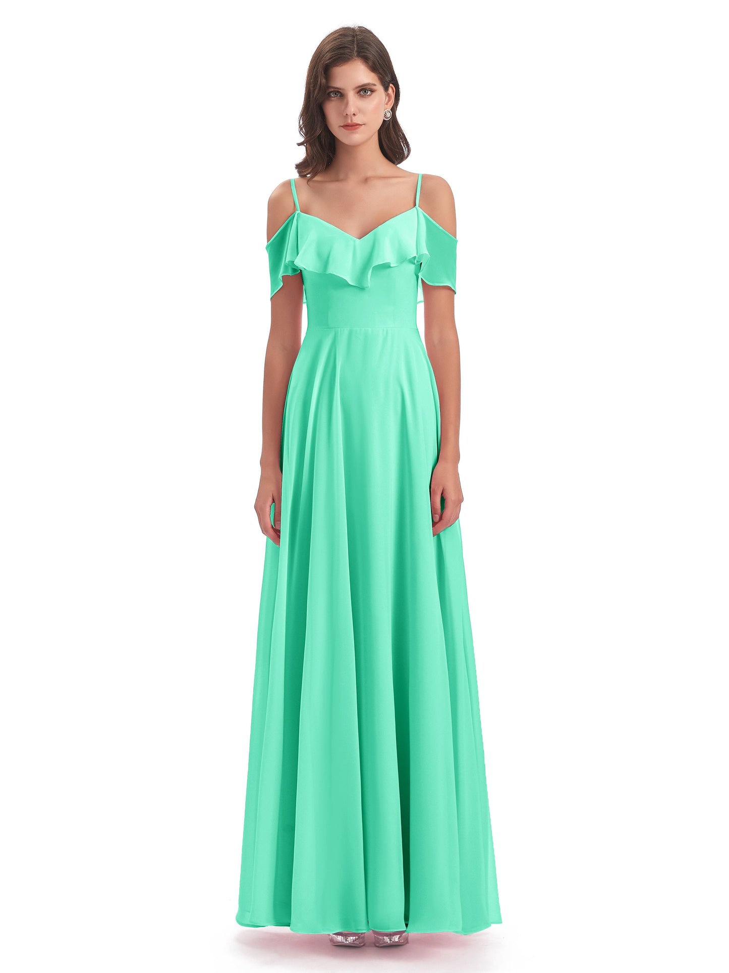 Miya A-line Floor Length Spaghetti Straps Ruffles Long Bridesmaid Dresses