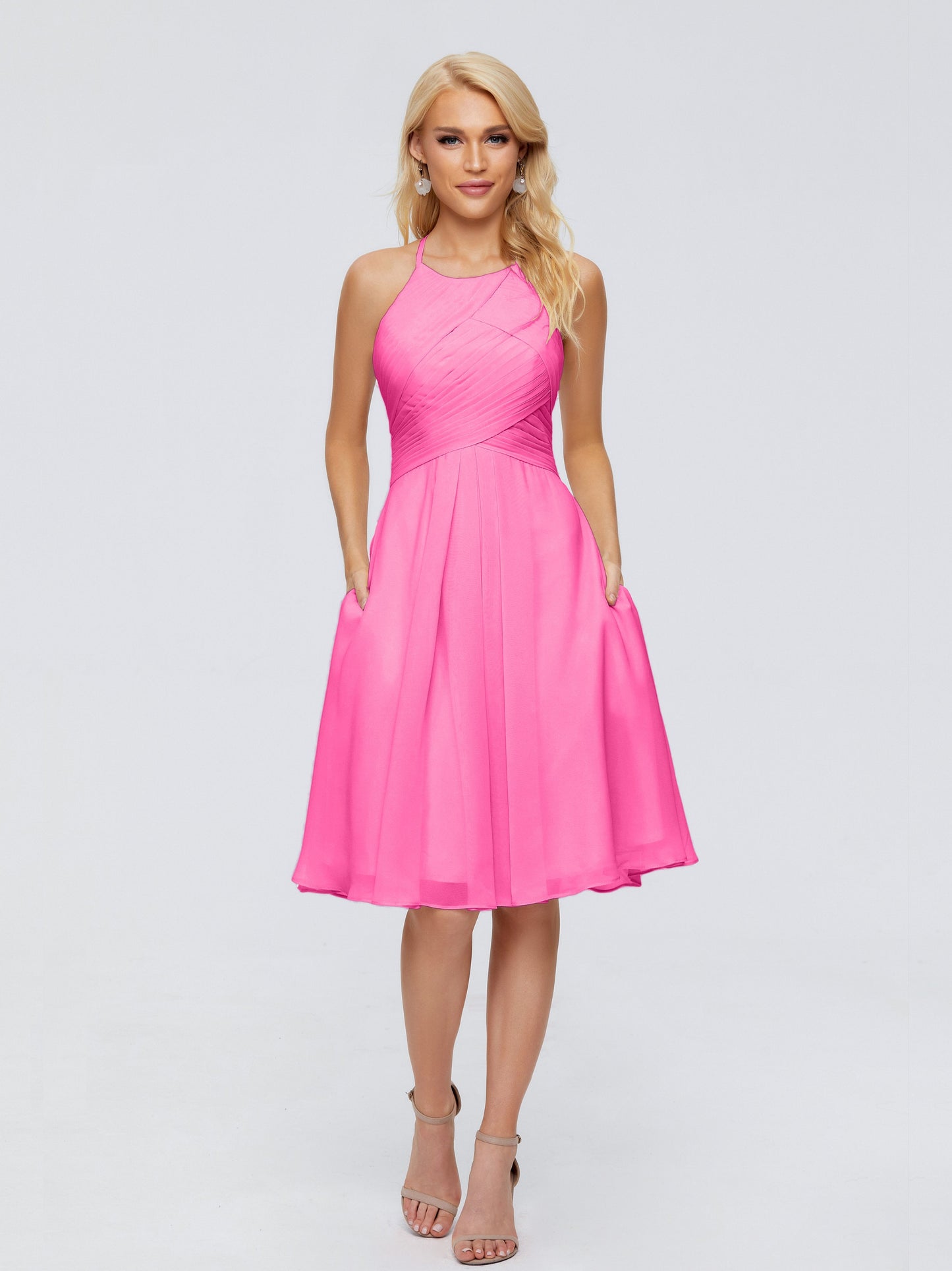 Molly Halter Knee Length Chiffon Bridesmaid Dresses With Pockets