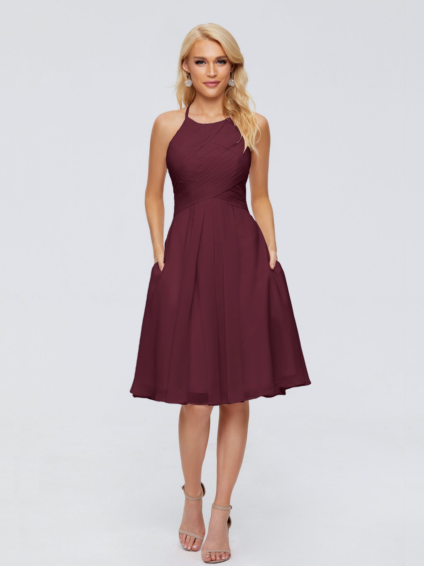 Molly Halter Knee Length Chiffon Bridesmaid Dresses With Pockets