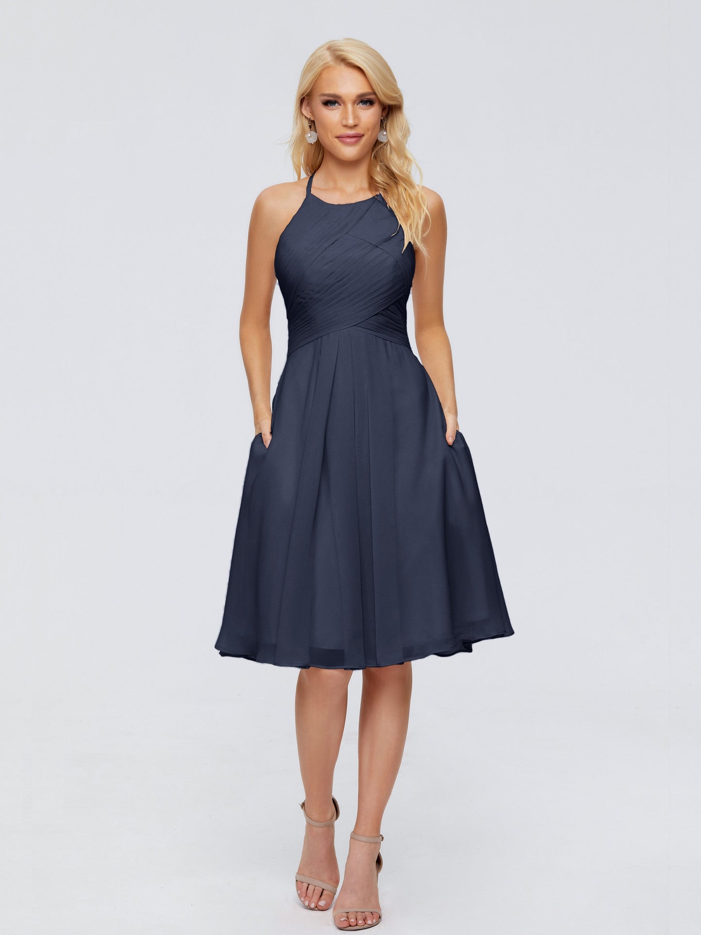 Molly Halter Knee Length Chiffon Bridesmaid Dresses With Pockets