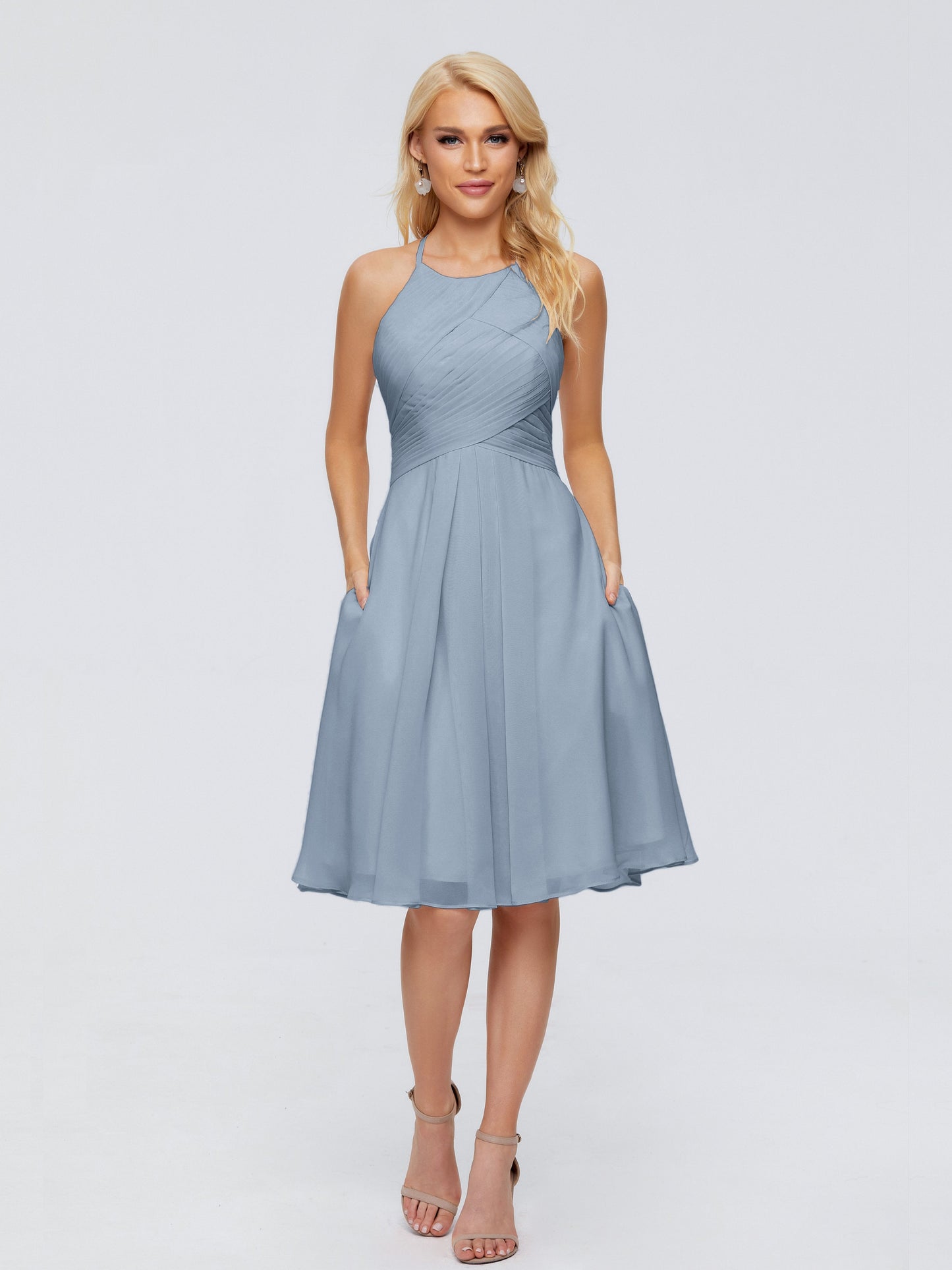 Molly Halter Knee Length Chiffon Bridesmaid Dresses With Pockets
