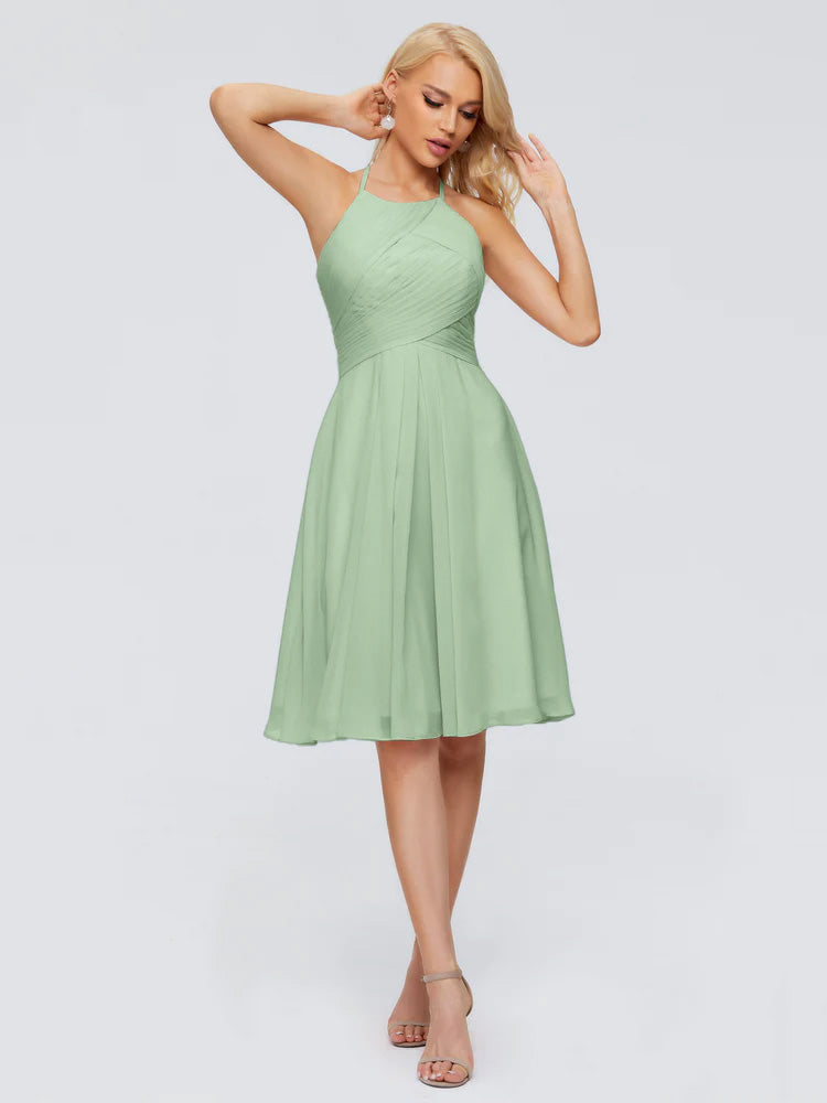 Molly Halter Knee Length Chiffon Bridesmaid Dresses With Pockets